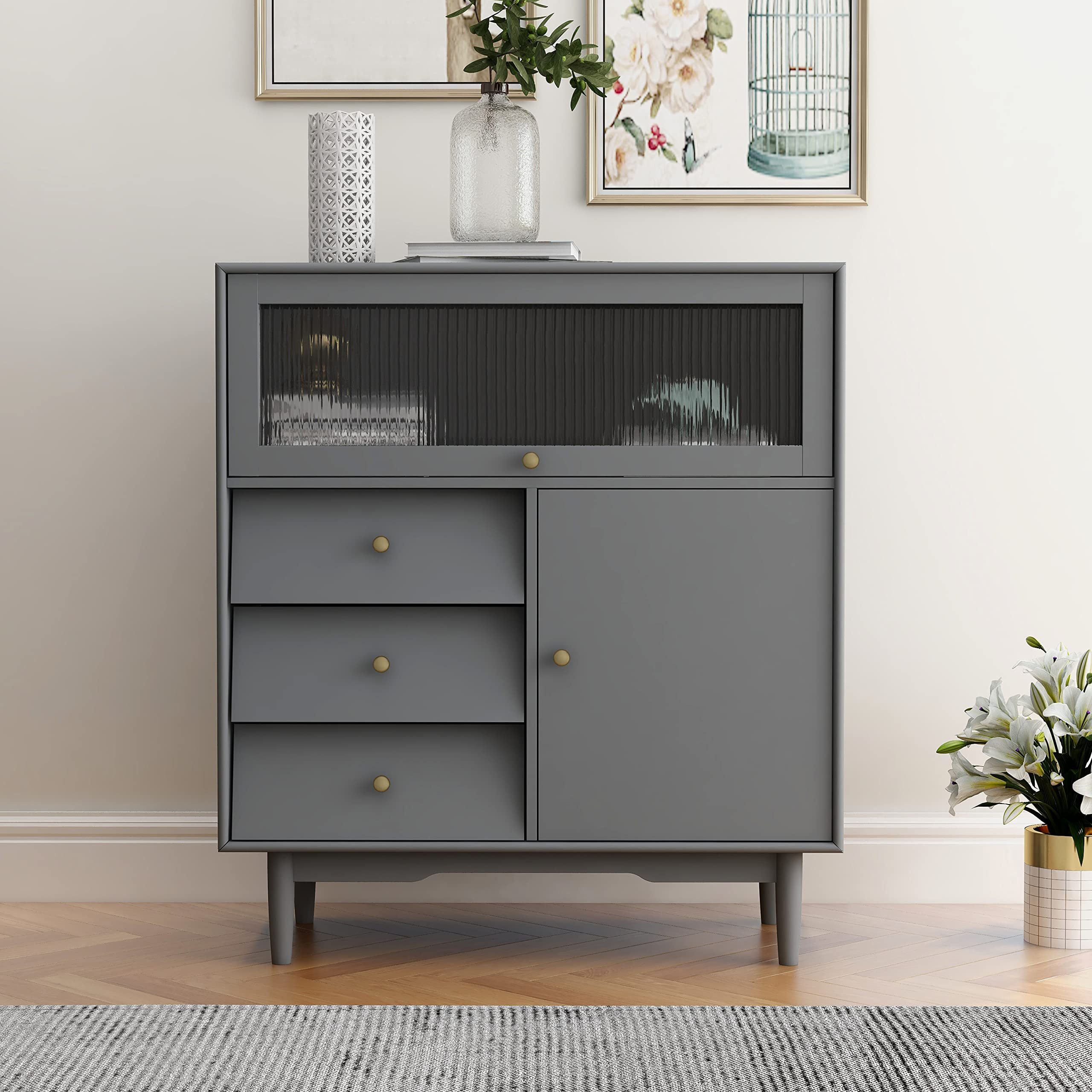RASOO Modern Buffet Cabinet with Storage - Sideboard Accent Cabinet, Buffet Server Table & Wine Bar with Tempered Glass Doors & 3 Drawers - Perfect for Dining Room, Living Room & Kitchen Storage