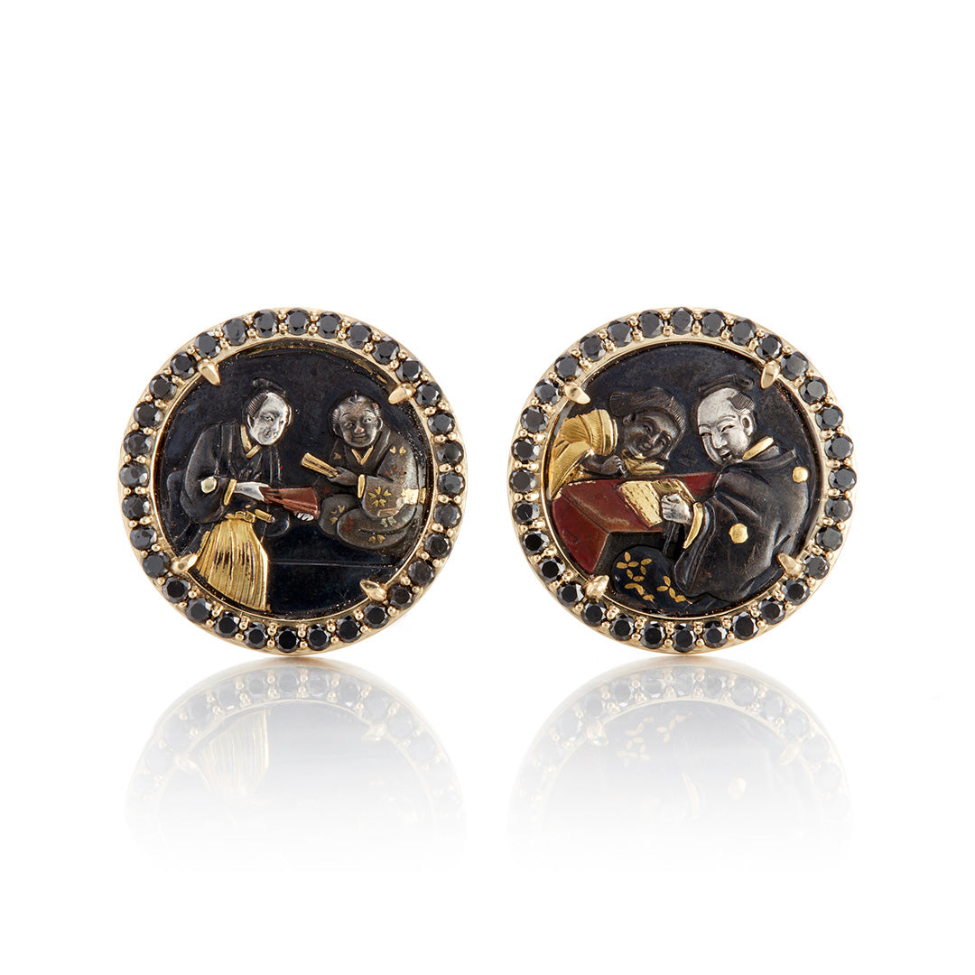 Vintage Shakudo & Black Diamond Earrings for Women – Handcrafted Japanese Jewelry – Elegant Dangle Earrings for Parties, Weddings & Special Occasions