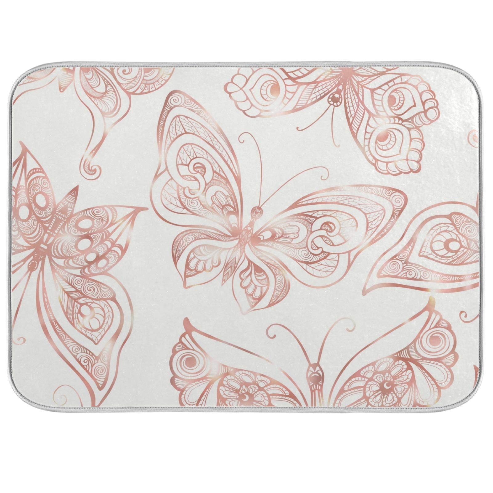 Rose Gold Butterfly Dish Drying Mat - Super Absorbent Microfiber for Kitchen Counter (18x24 Inch) - Perfect for Dishes & Cookware