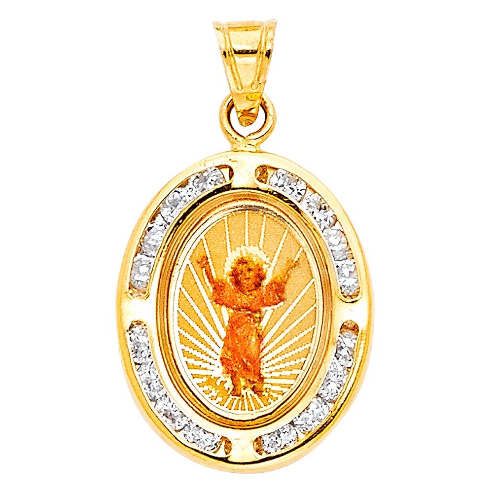 14K Yellow Gold CZ Cubic Zirconia Simulated Diamond Jesus Medal Pendant Necklace - Religious Jewelry Gift for Women, Baptism, First Communion & Faith Inspiration (14x18mm)