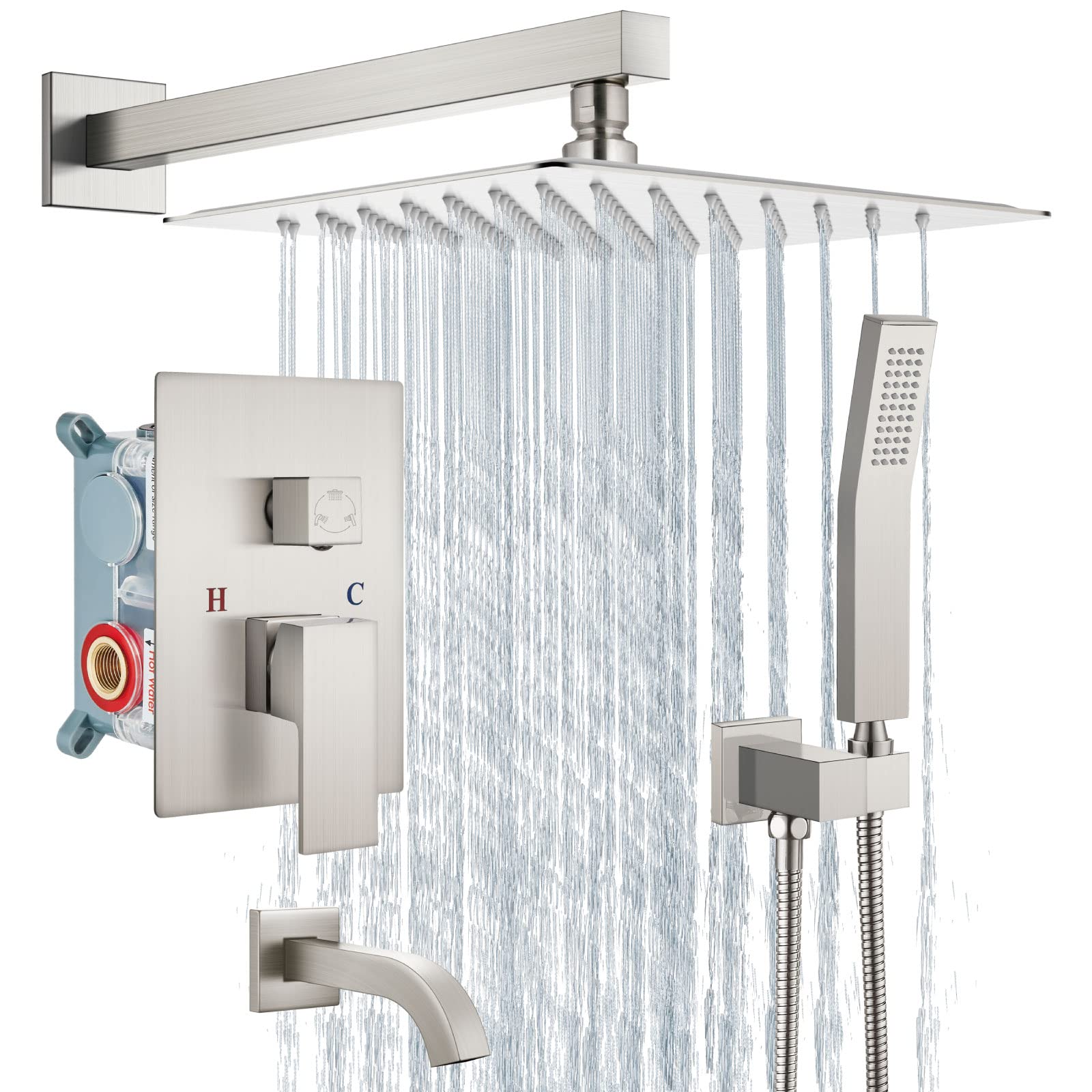 Aolemi Luxury Rainfall Shower System Combo Set - 10 Inch Brushed Nickel Shower Head, Handheld Shower, Tub Filler & Rough-in Valve - Wall Mount Bathroom Shower Mixer Faucet for Spa-Like Relaxation