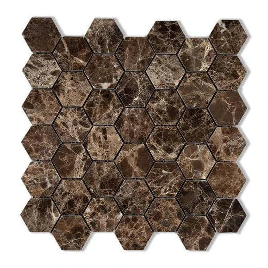 Premium Emperador Dark Marble 2-Inch Hexagon Mosaic Tile - Natural Stone Floor & Wall Tile for Bathroom, Kitchen Backsplash, Shower, and Fireplace