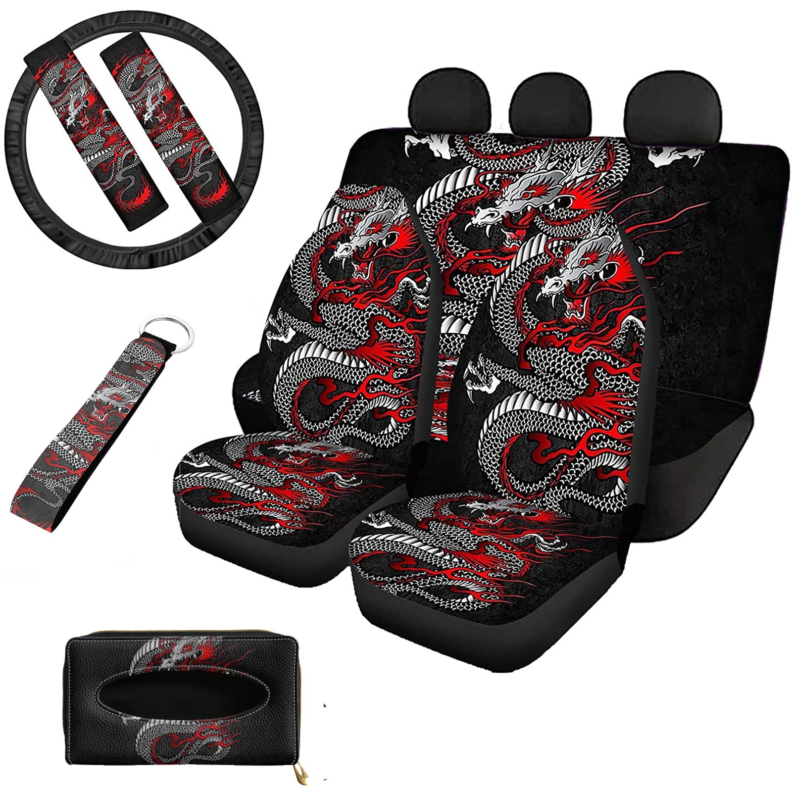 KEIAHUAN 9-Piece Car Seat Cover Set - Cool Dragon Design with Anti-Slip Back Seat Cover, Rear Bench Cover, Backrest Protector, Steering Wheel Cover & Seat Belt Pads (Includes Key Chain) - Perfect for SUV, Truck & Family Vehicle Protection