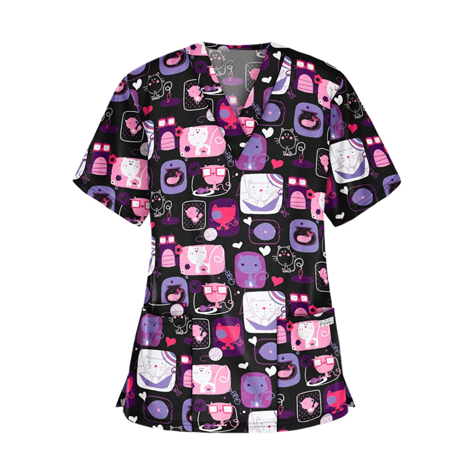Women's Short Sleeve V-Neck Scrub Tee Shirts - Cute Cartoon Pattern Nursing Uniform Tops for Healthcare Workers | Comfortable Workwear for Nurses, Doctors & Medical Professionals