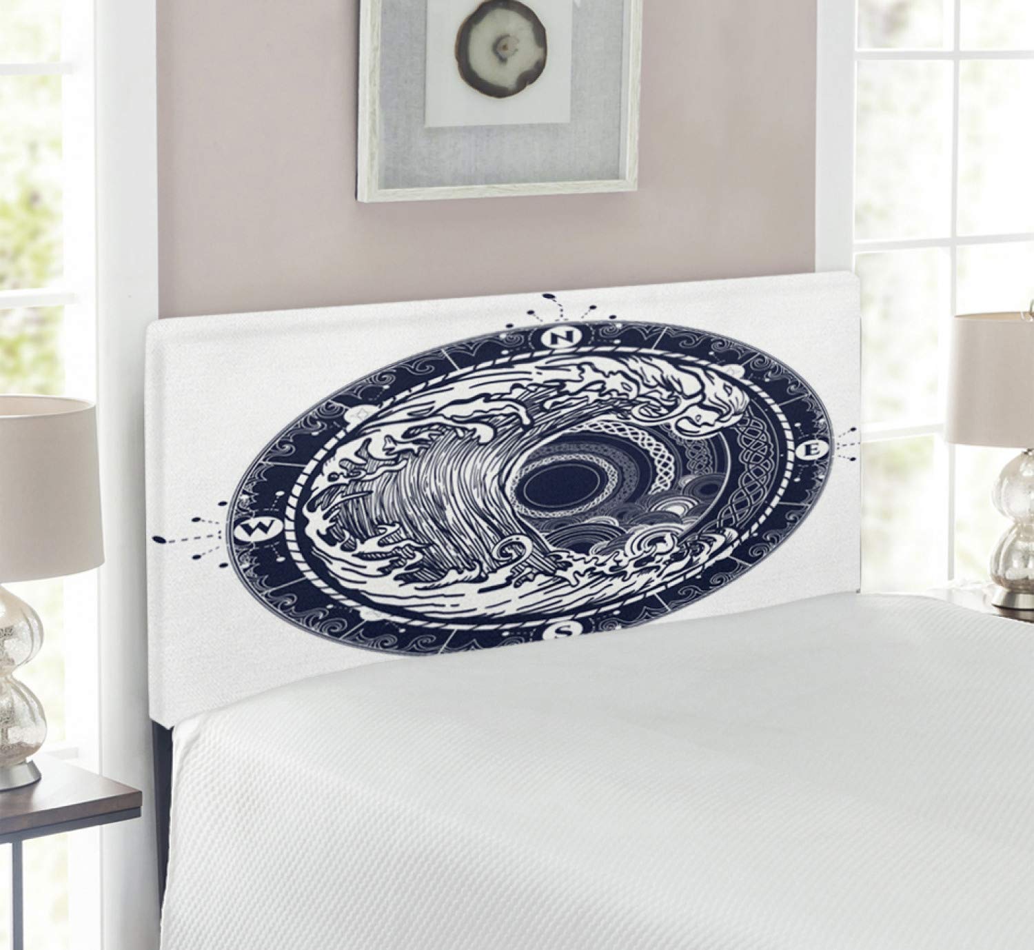 Ambesonne Twin Size Upholstered Metal Bed Headboard with Memory Foam - Nautical Compass Design, Stormy Sea Wave Adventure Theme in Night Blue & White | Perfect for Coastal, Nautical or Adventure Themed Bedrooms