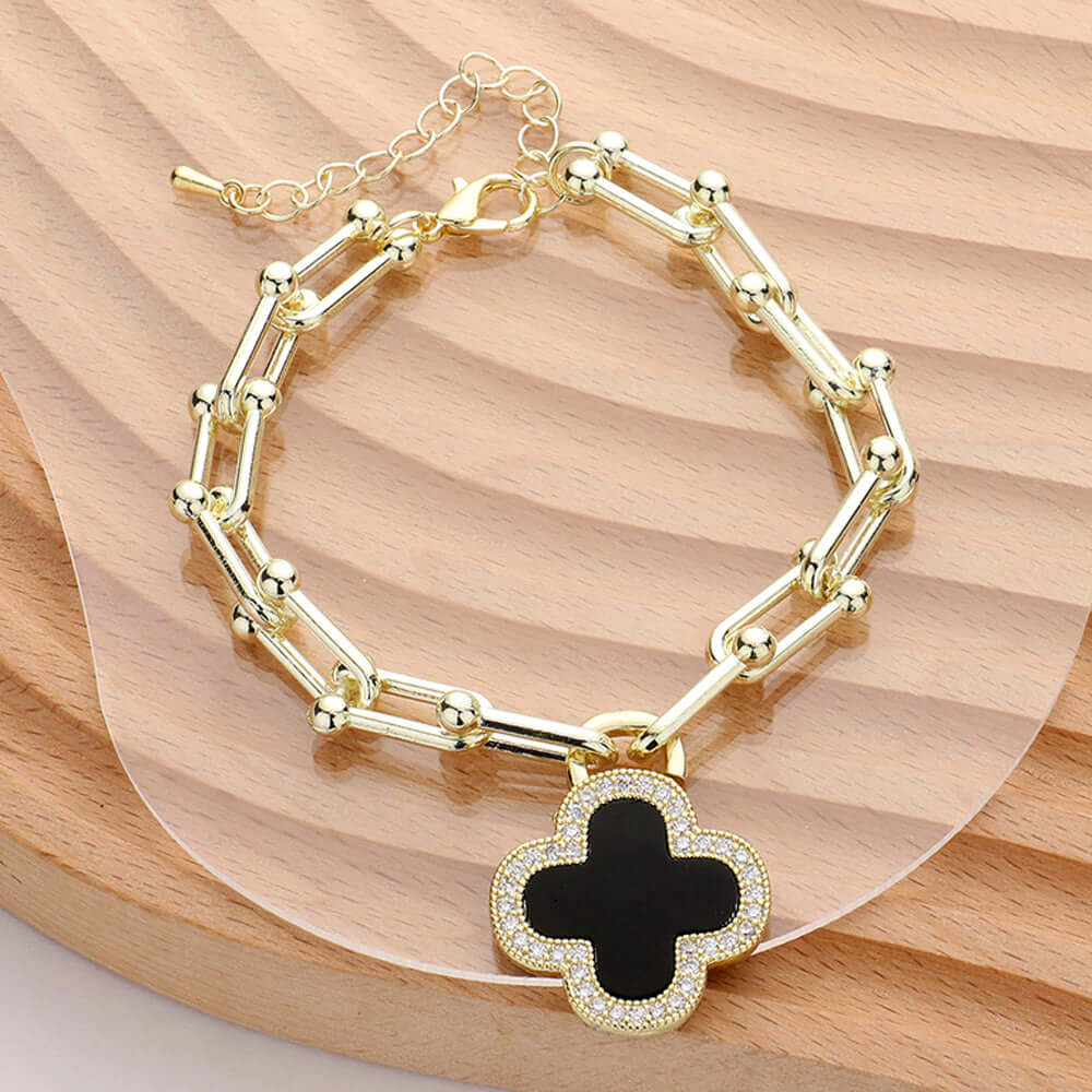 14K Gold Plated CZ Black Paved Quatrefoil Charm Bracelet for Women - Elegant Jewelry Gift for Birthday, Anniversary & Special Occasions