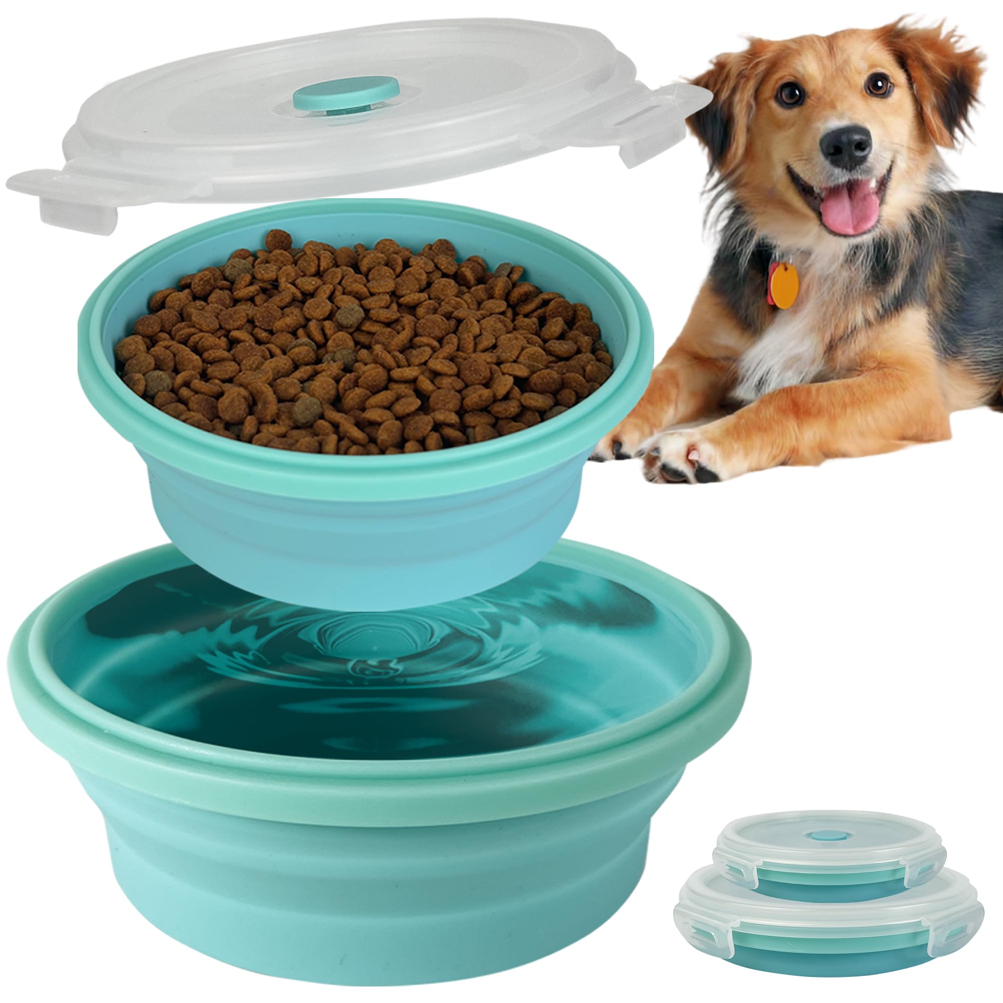 30oz Collapsible Dog Bowls with Lids - 2 Pack Portable Travel Pet Bowls for Small & Medium Breeds, Silicone Food & Water Dish (3.6 Cups) - Perfect for Hiking, Camping, Road Trips & Outdoor Adventures