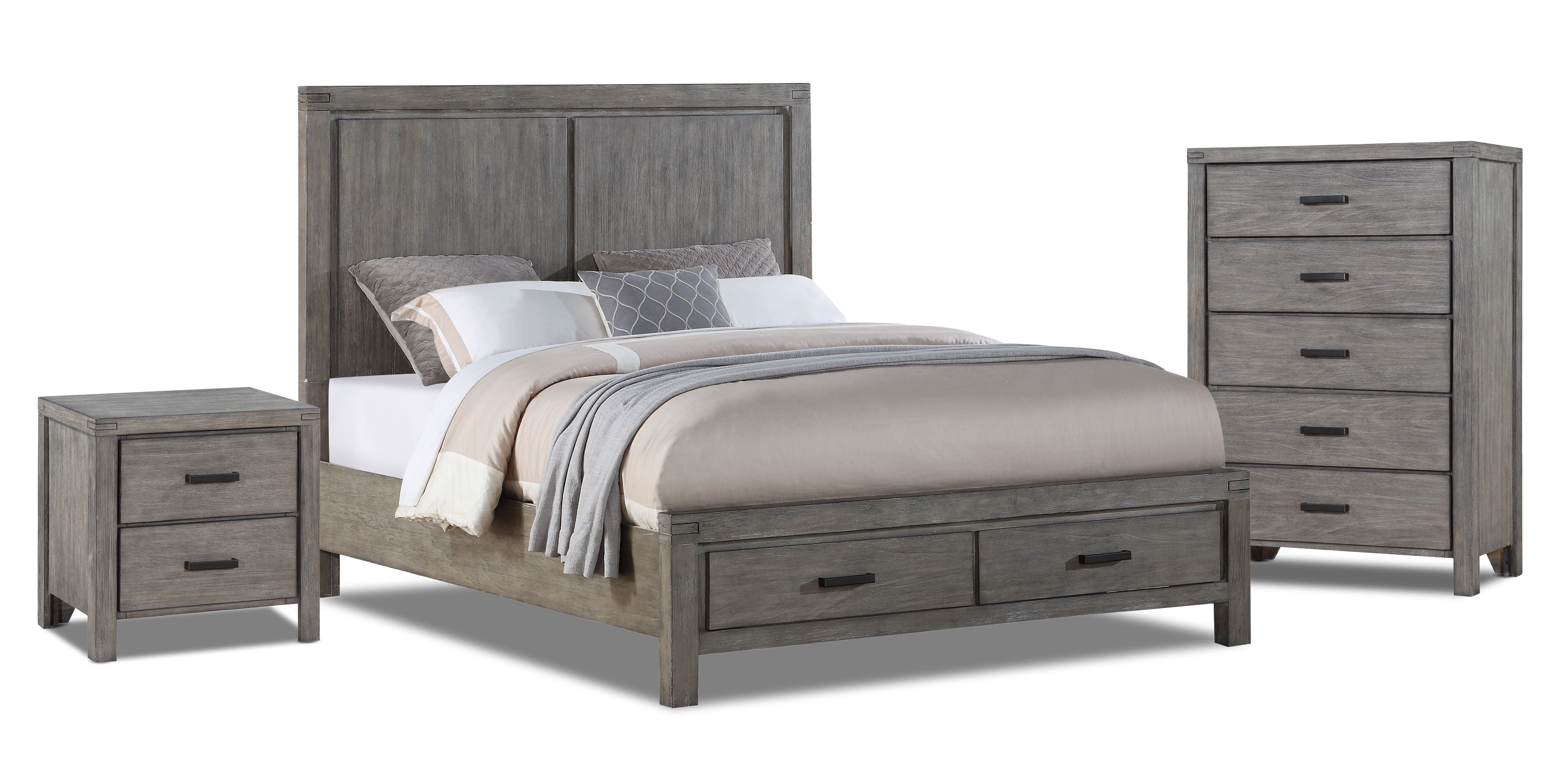 Copeland 5-Piece Queen Bedroom Set with Storage - Wire Brushed Grey Finish - Perfect for Small Spaces & Guest Rooms | Modern Bed Frame, Nightstands & Dresser