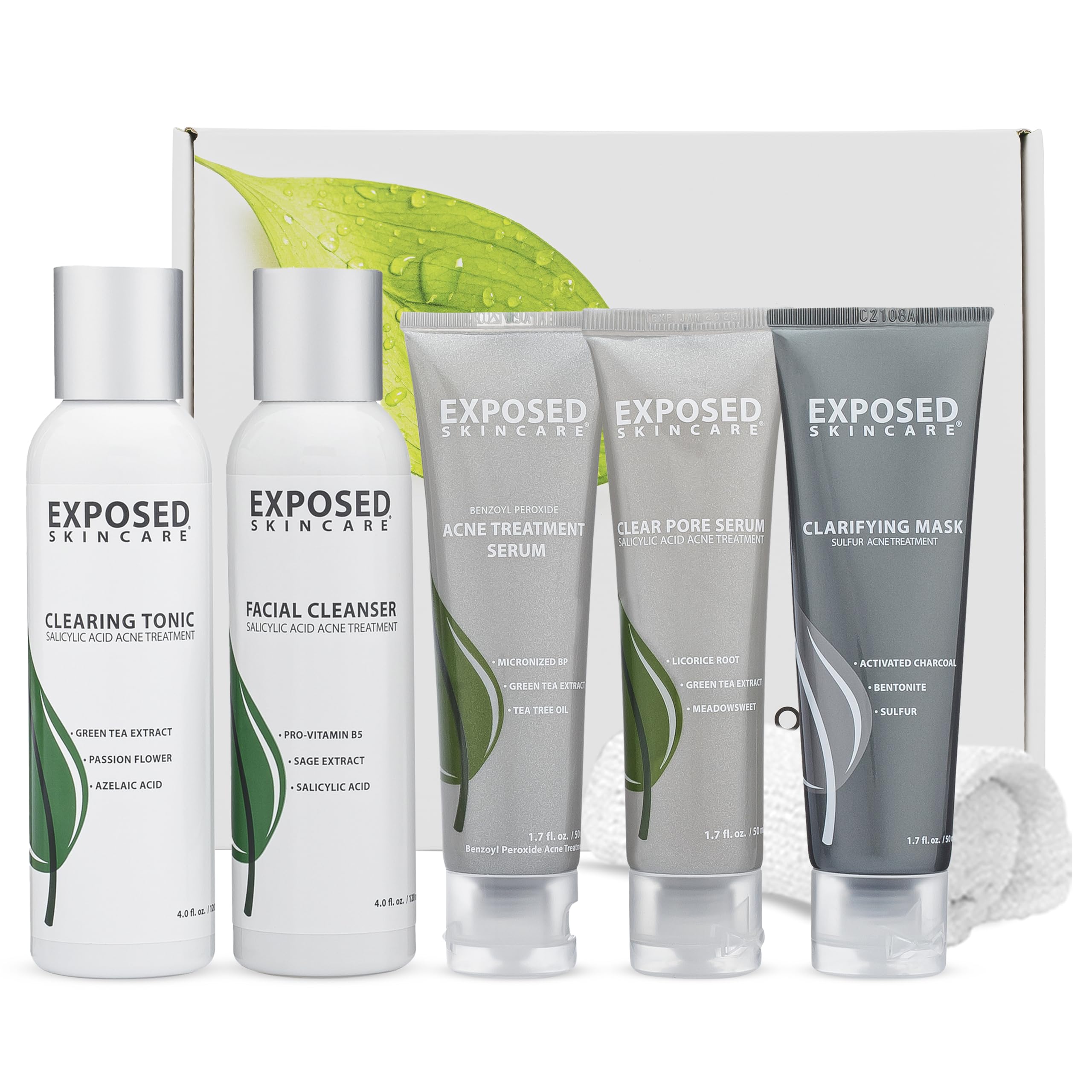 Exposed Skin Care Acne Treatment Kit - Natural Facial Cleanser, Tonic, Serum & Mask Set for Clear Skin | Dermatologist-Recommended Acne Solution for Teens & Adults | Perfect for Daily Skincare Routine & Breakout Emergencies