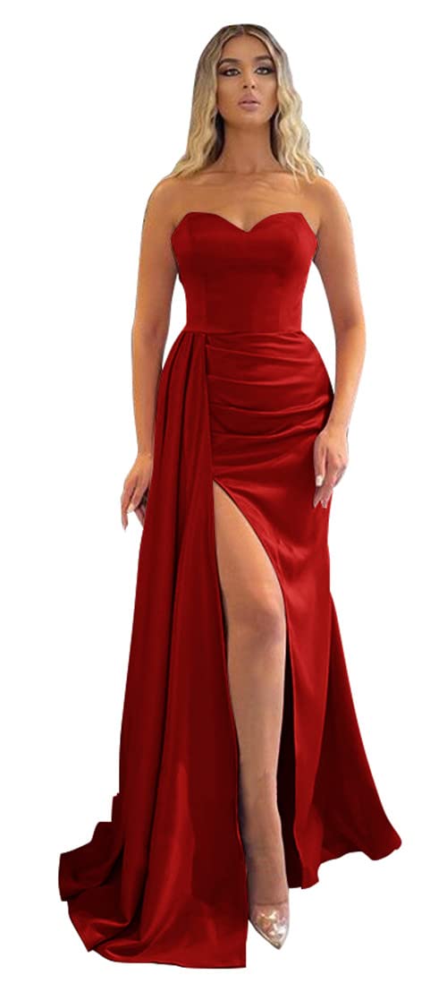 Elegant Mermaid Prom Dresses 2022 | Strapless Satin Bridesmaid Gowns with High Slit & Train | Formal Evening Dresses for Women | Perfect for Prom Night, Wedding Party & Special Occasions