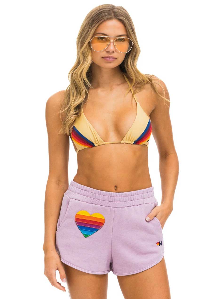 Aviator Nation Women's Rainbow Heart Stitch Lounge Shorts - Mauve Purple Comfortable Casual Wear for Yoga, Beach, and Summer Outfits
