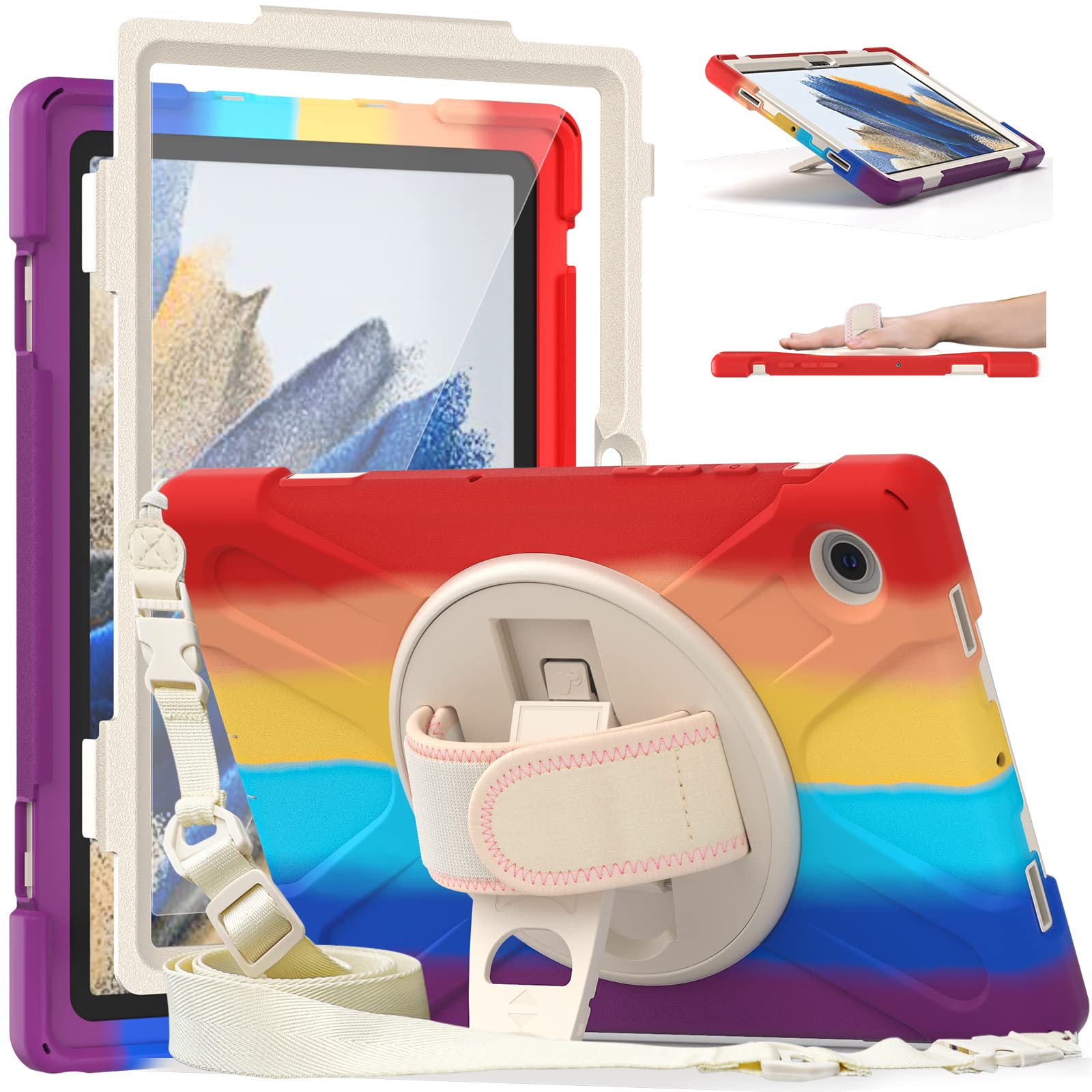 Durable Samsung Galaxy Tab A8 10.5 Inch Case (2022 Model) - Shockproof Kids Tablet Cover for SM-X200/SM-X205/SM-X207 with Screen Protector, Pencil Holder & Adjustable Hand/Shoulder Strap - Perfect for School, Travel & Home Use - Vibrant Red Color