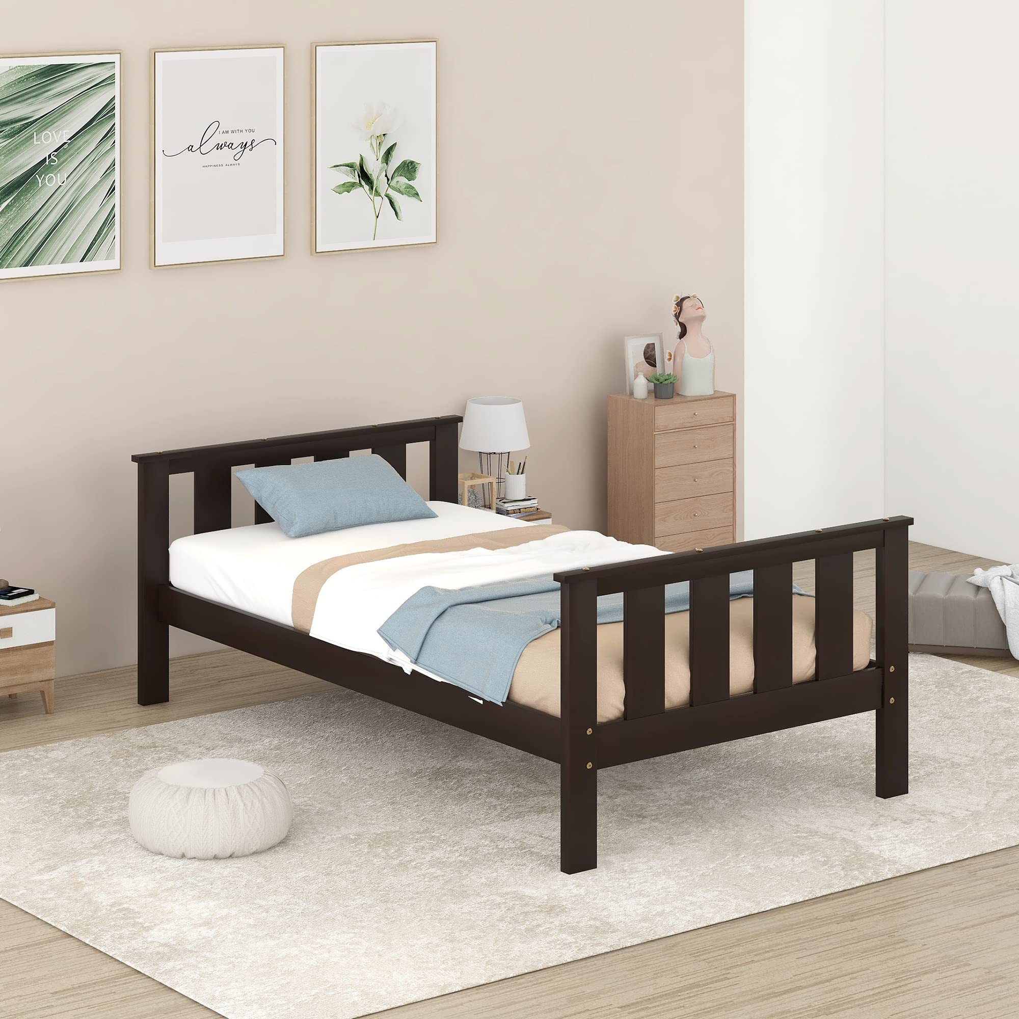 MERITLINE Twin Size Wood Platform Bed with Headboard & Footboard - Sturdy Espresso Bed Frame for Kids, Teens, Boys & Girls - Perfect for Bedrooms, Dorms & Guest Rooms