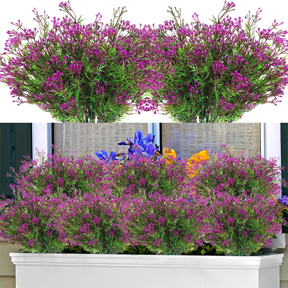 8-Piece Purple Artificial Outdoor Plants & Flowers - Fake Shrubs & Plastic Floral Arrangements with Vase for Patio, Garden & Home Decor