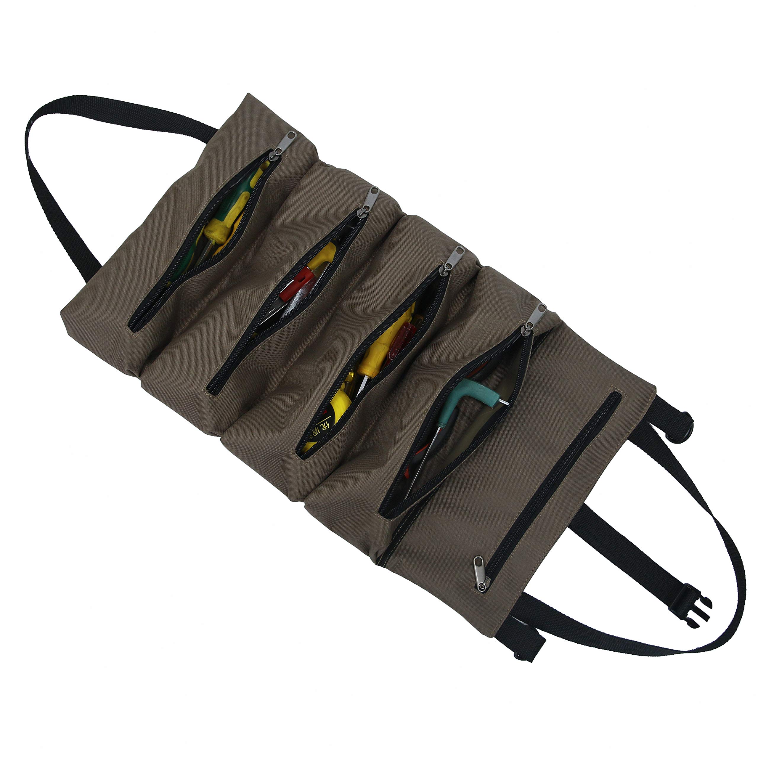 Heavy Duty Canvas Tool Roll Up Bag with 5 Zipper Pockets - Multi-Purpose Wrench Organizer & Hanging Pouch for Electricians, HVAC Mechanics, Carpenters - Portable Tote Carrier Bag (Dark Khaki) | Ideal for Workshop, Garage, Job Site & DIY Projects