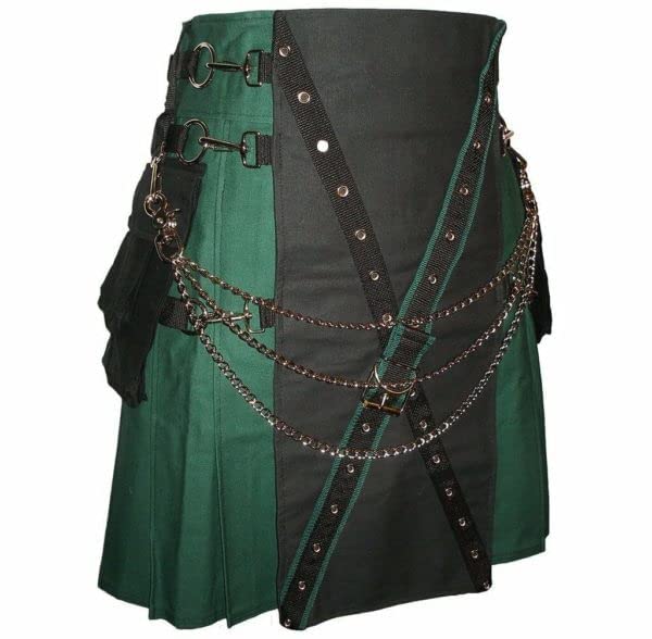 Men's Green & Black Canvas Cargo Utility Kilt - Stylish & Functional for Outdoor Adventures, Festivals & Cosplay