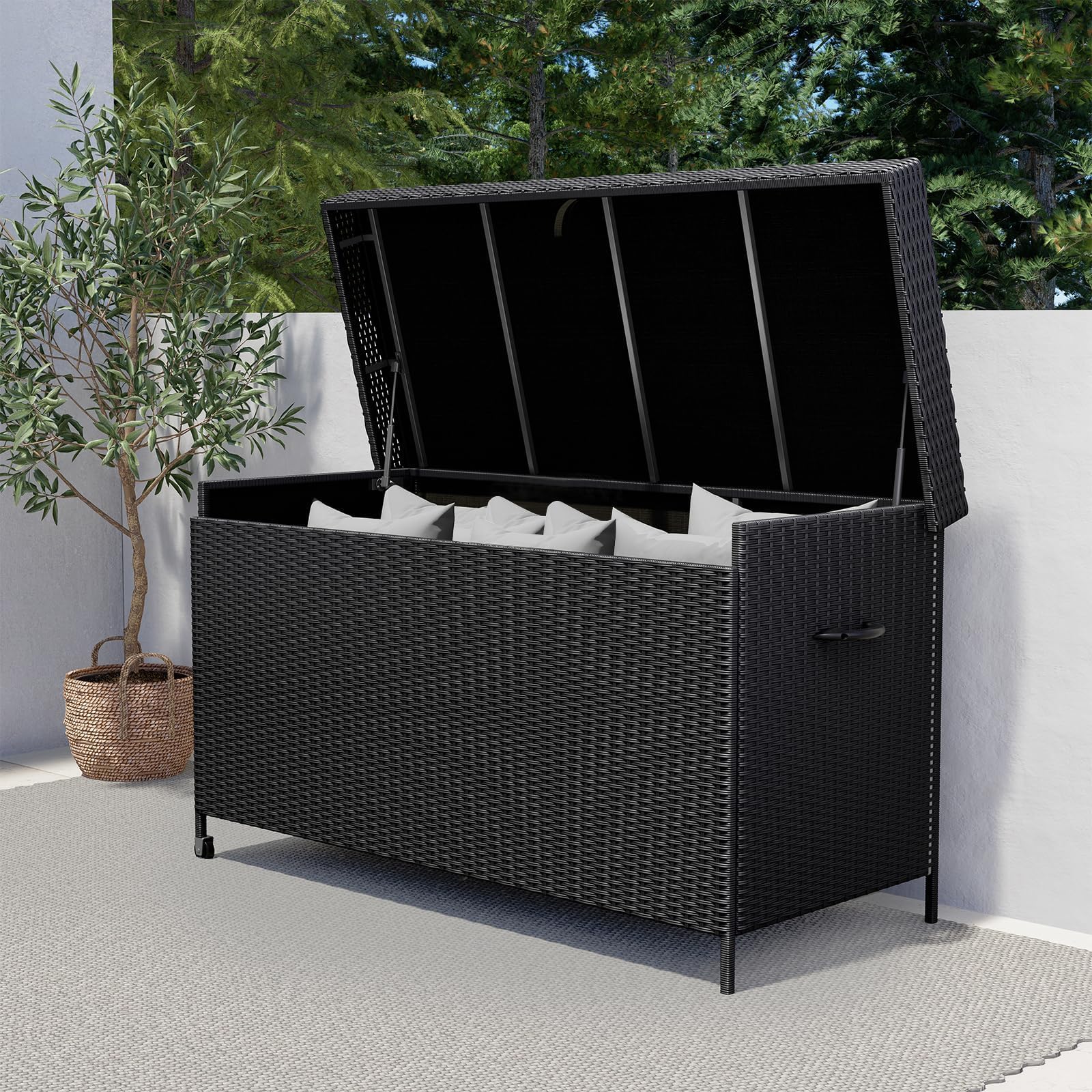 170 Gallon Wicker Deck Storage Box - Outdoor & Indoor Patio Furniture Organizer for Cushions, Garden Tools, Pool Accessories - Weatherproof Black Storage Bin for Backyard, Garden & Poolside Use