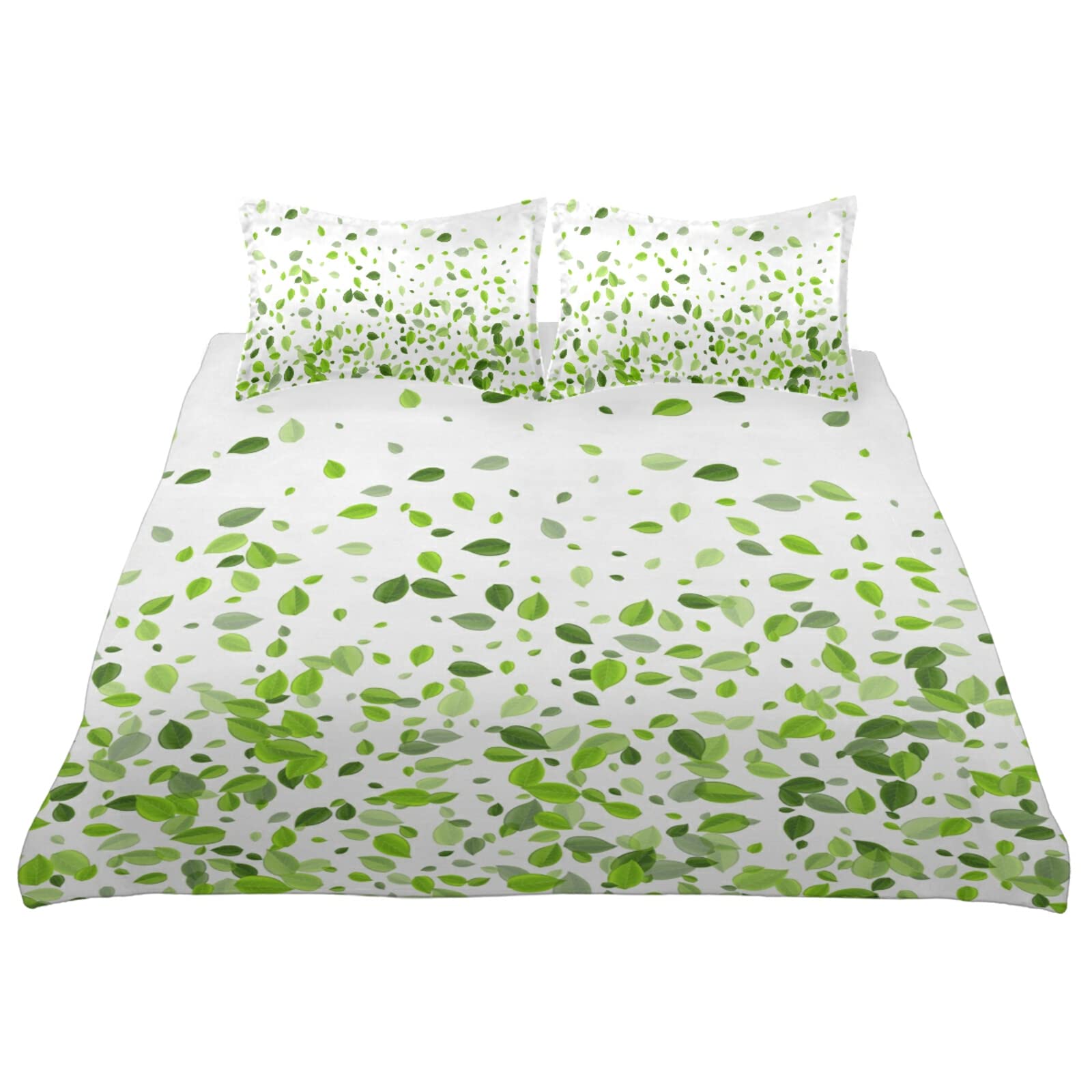 Poeticcity Mint Leaf Tea Leaves Falling Green Leaves Swamp Leaves on White Queen Size 3-Piece Bedding Set - 100% Cotton Duvet Cover with Pillowcases | Soft & Breathable Comforter Cover for Bedroom Decor, Hotel Style Luxury