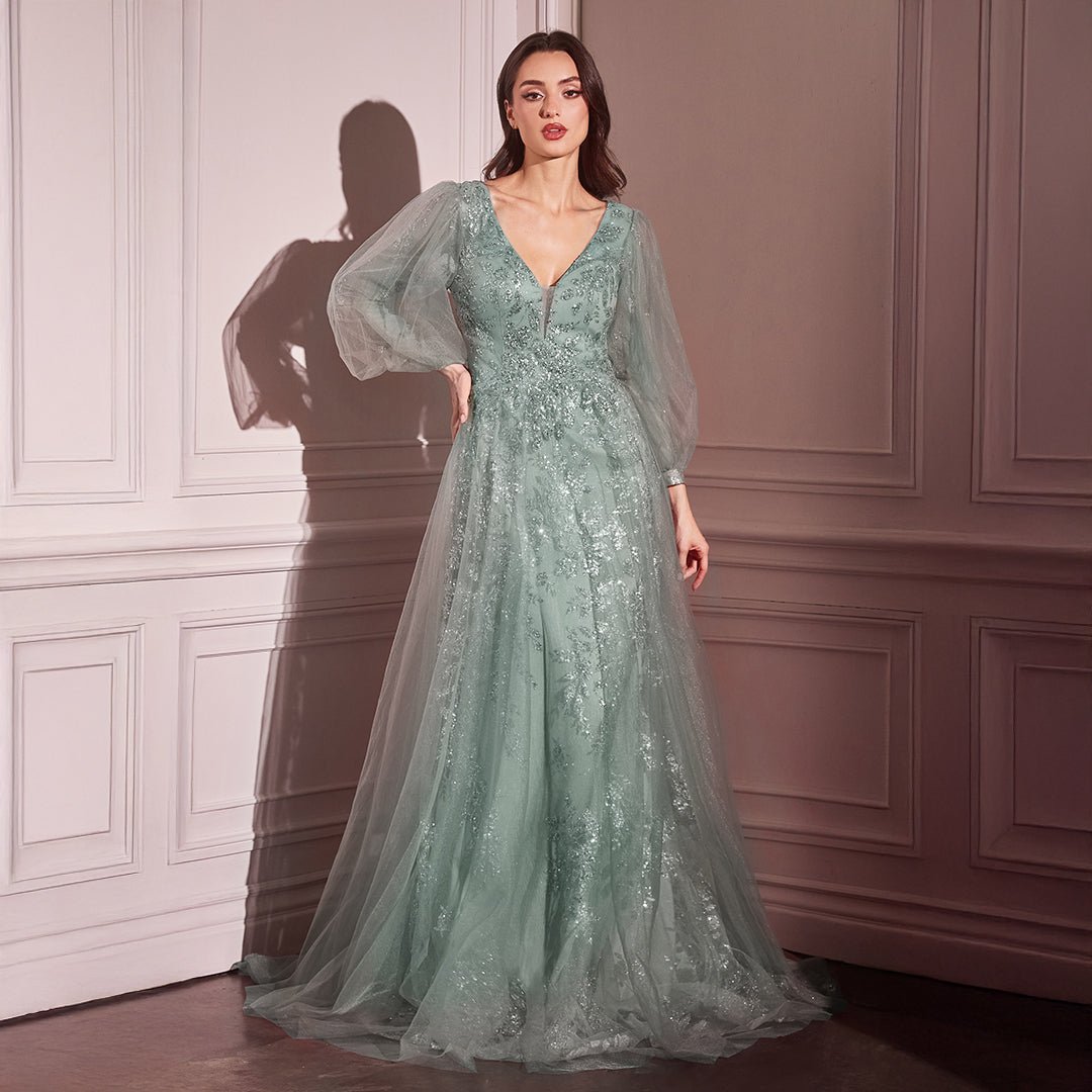 Cinderella Divine Sage Beaded Long Sleeve A-Line Prom Dress - Elegant Formal Gown for Homecoming, Quinceañera & Evening Events