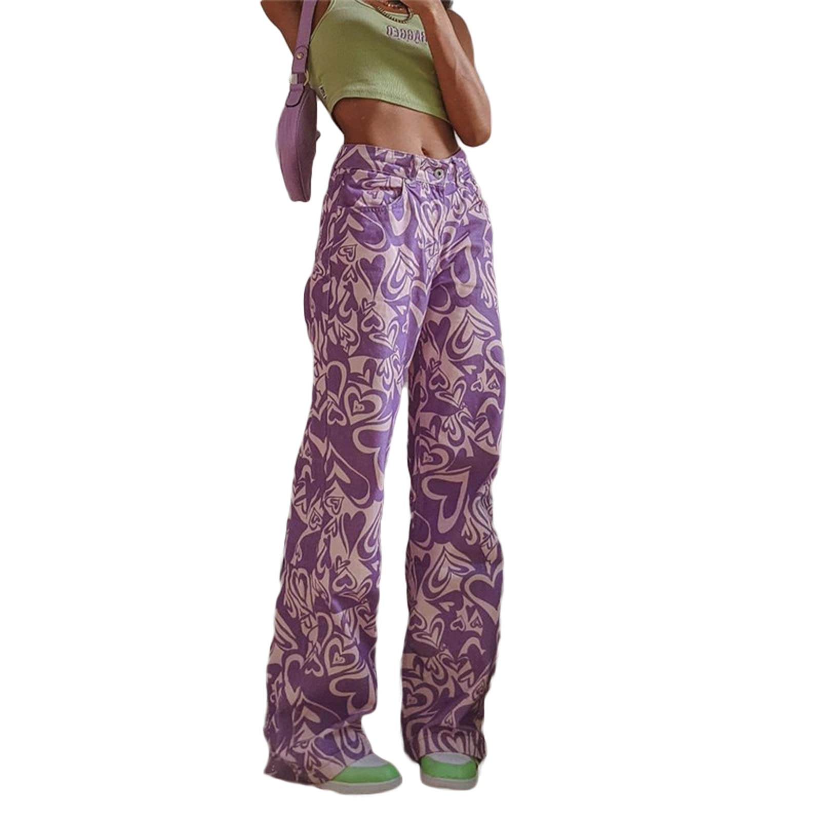 FOMOYUU Women's High Waist Loose Fit Printed Jeans - Y2K Retro Straight Leg Wide Pants for Streetwear & Casual Outfits | Perfect for Daily Wear, Parties, and Fashion Photography