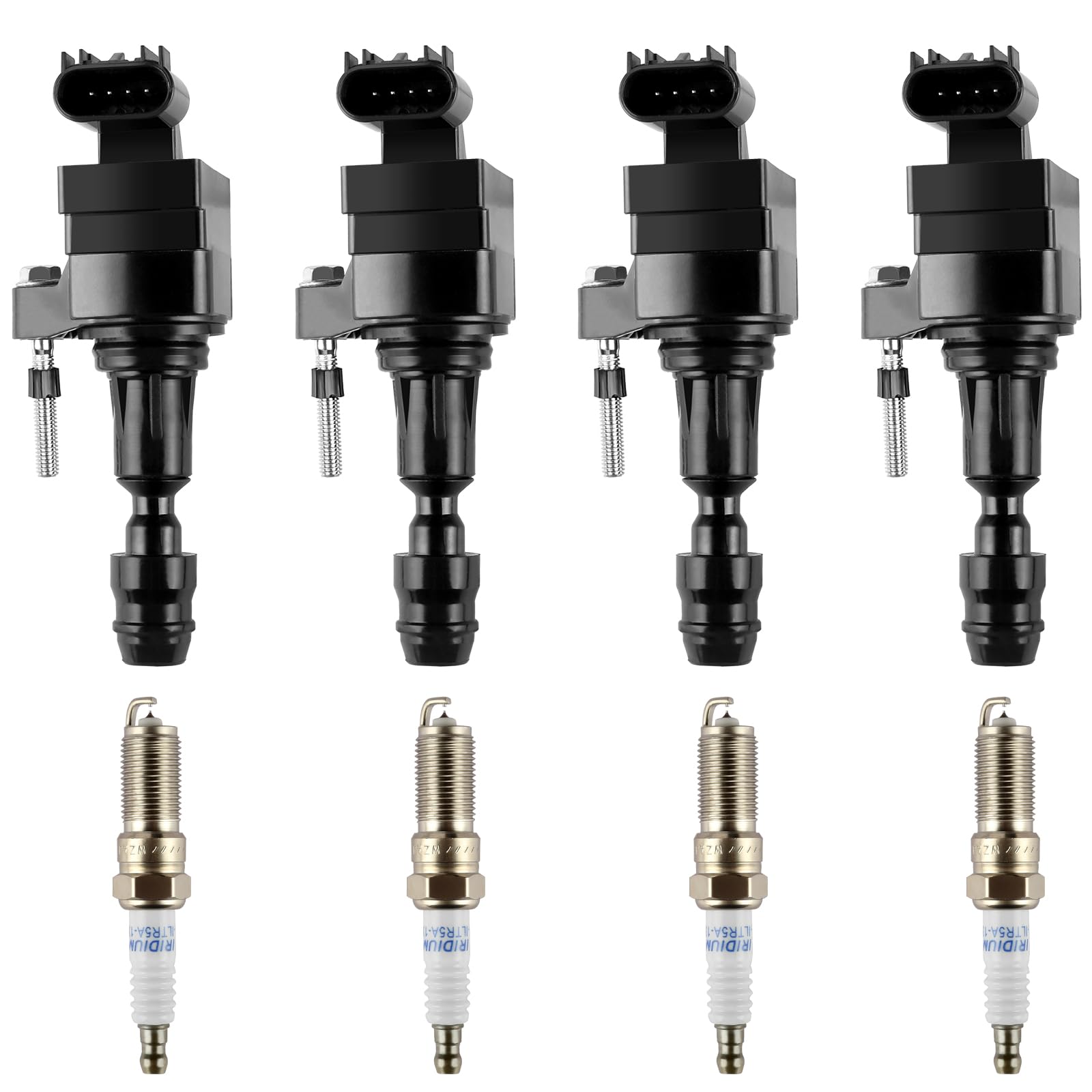 High-Performance UF491 Double Iridium Spark Plugs & Ignition Coil Pack Set of 4 - Compatible with Buick, Chevy Cobalt, Equinox, Malibu, Orlando HHR, GMC Terrain, Pontiac G5/G6, Saturn - Replaces D522C, 12638824, C1552 - Perfect for Engine Tune-Ups & Performance Upgrades