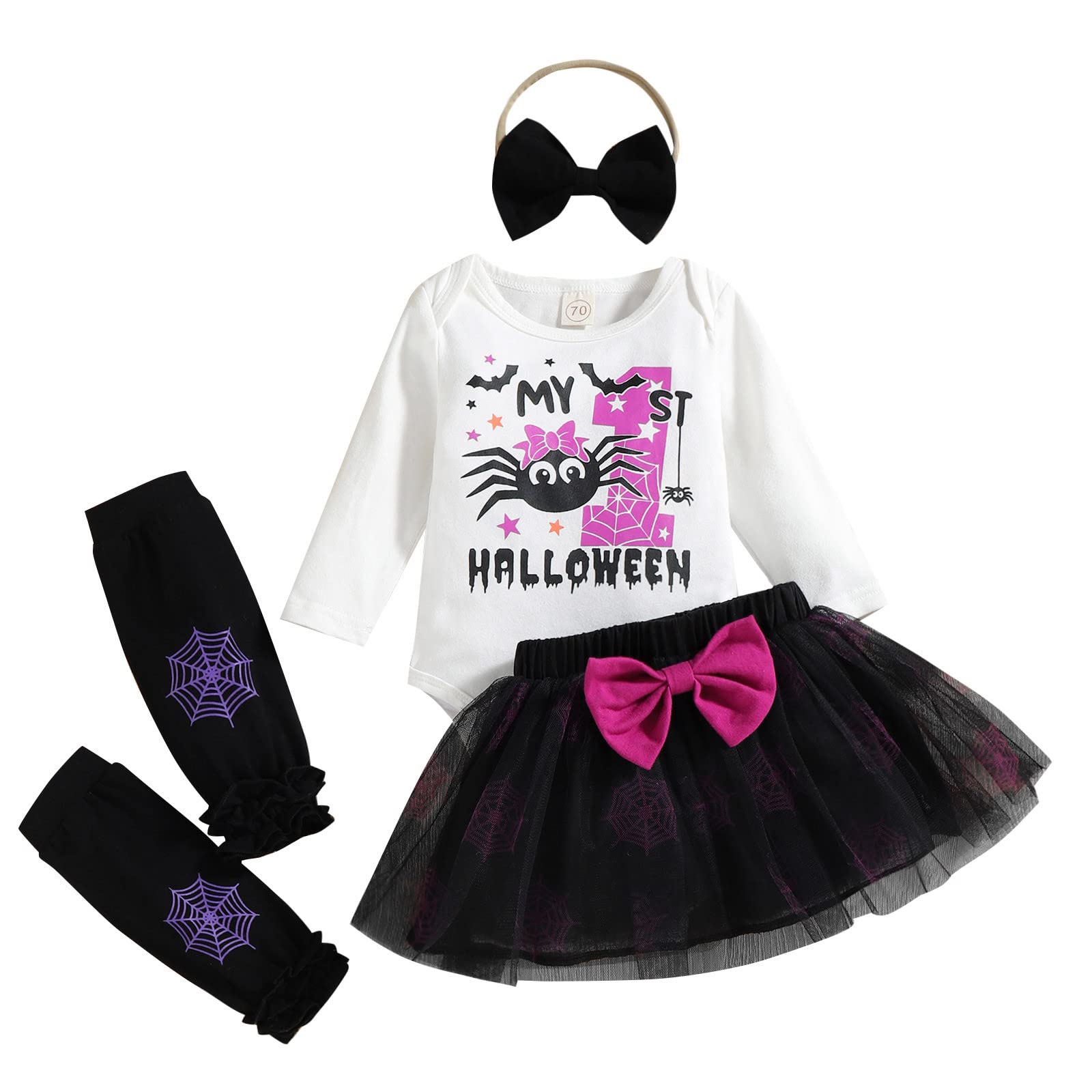 PATOPO Baby Girls Halloween Outfit Set - Long Sleeve Romper with Letter Print, Tulle Skirt & Headband - Aqua Blue Infant Bodysuit for Holiday Photos, Costume Parties & Special Occasions