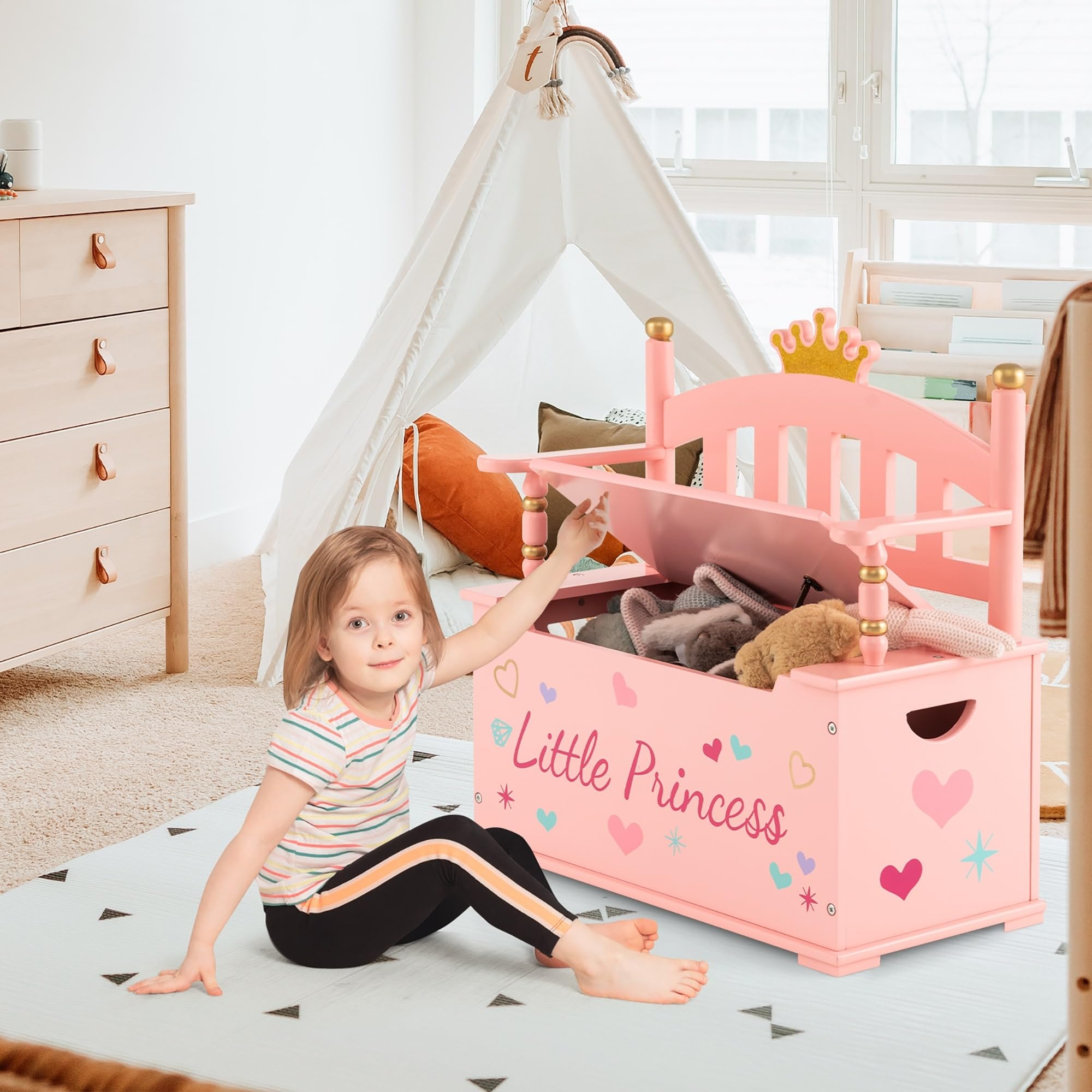Pink Princess Wooden Bench Toy Box for Kids - Multifunctional Storage Organizer with Seat, Modern MDF Design - Perfect for Bedroom, Playroom & Nursery Organization