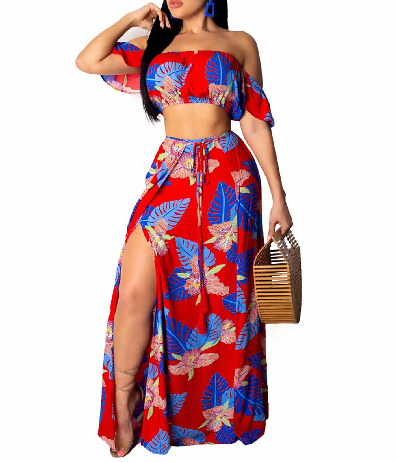 Annystore Women's Sexy Floral Print Bandage Maxi Dress & Crop Top 2-Piece Set - Summer Beachwear, Party Outfit, Vacay Style