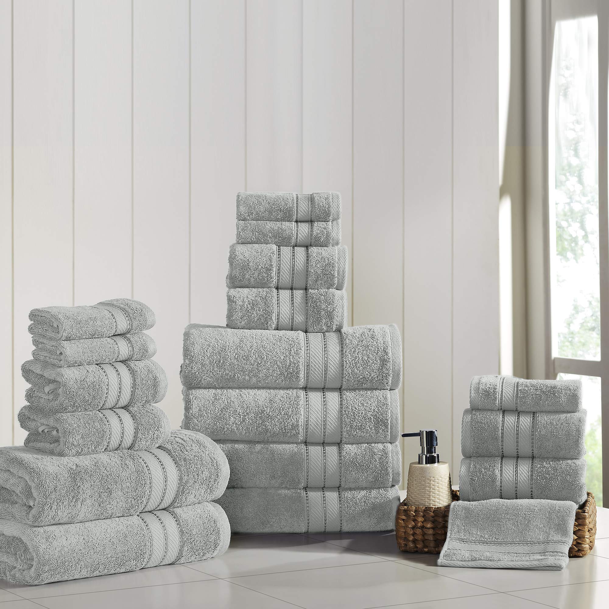 Premium 18-Piece 100% Combed Cotton Bath Towel Set - Super Absorbent & Quick Dry Luxury Towels (Bath, Hand, Washcloths) - 600 GSM Ultra Soft & Plush - Perfect for Spa, Bathroom & Guest Use - Modern Threads Spun Loft Collection - Gray