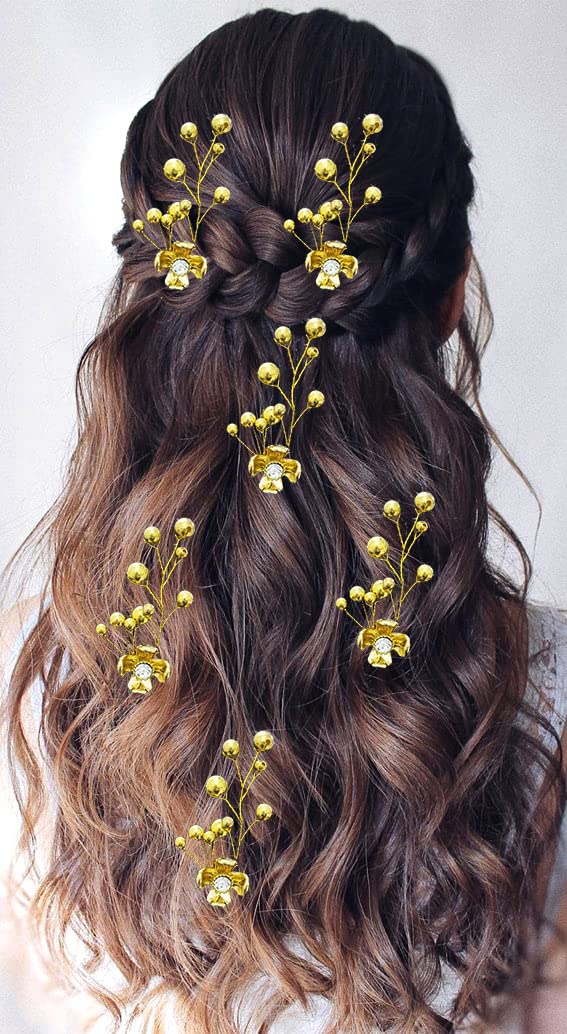 Pearl Flower Hair Pin - Elegant Small Floral Hair Bun Clip with Pearls for Women & Girls - Perfect for Weddings, Parties & Everyday Hairstyles (Golden)