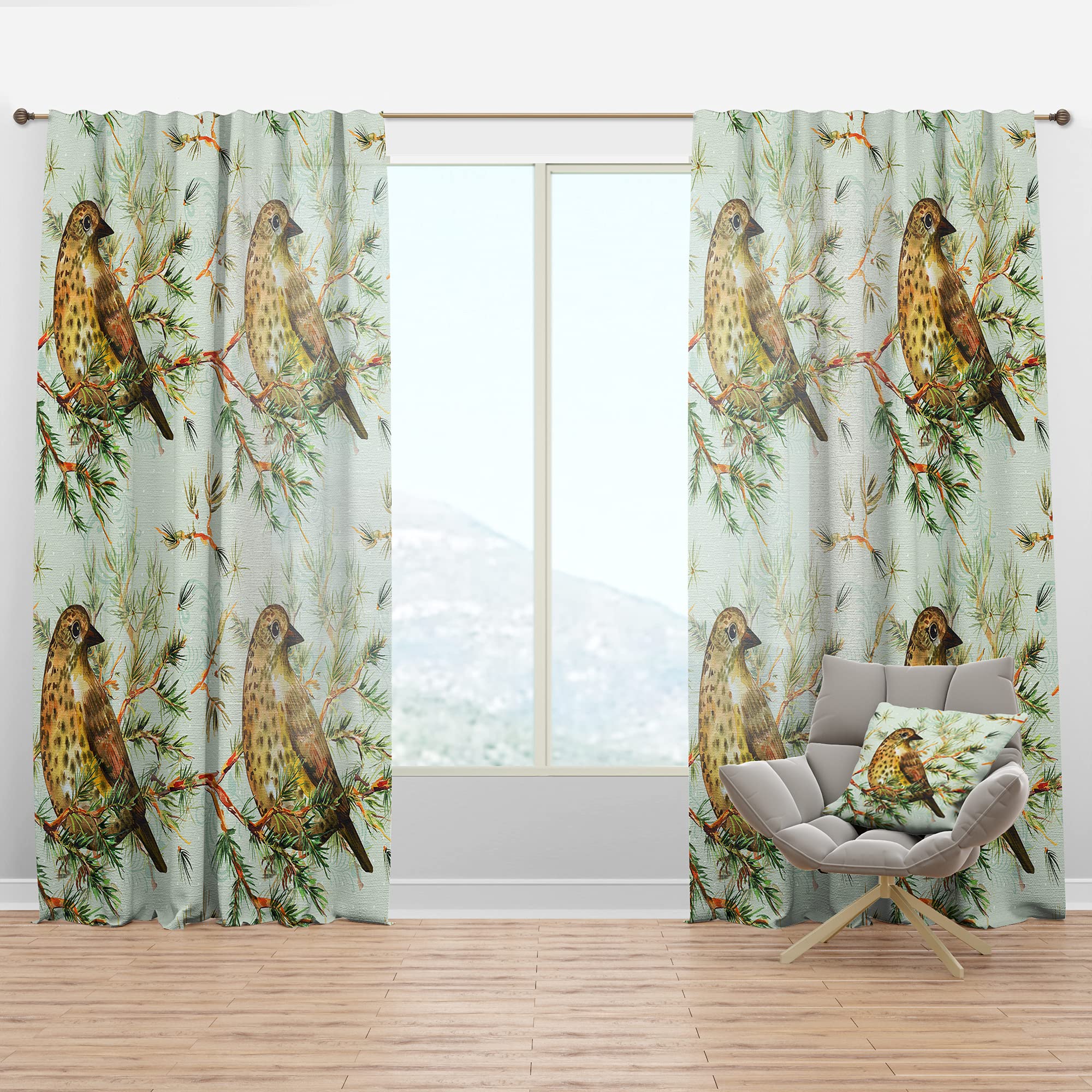 DesignQ Thermal Insulated Curtains - Small Cute Bird on Pine Branch Pattern, Single Panel 52x84 Inches for Bedroom & Living Room - Perfect for Cozy Home Decor & Temperature Control