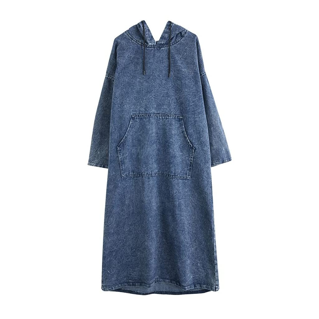 Women's Loose Hooded Denim Dress - Spring Casual Long Sleeve Pullover with Drawstring Stitching (Blue, Size M) | Perfect for Weekend Outings, Coffee Dates & Casual Street Style