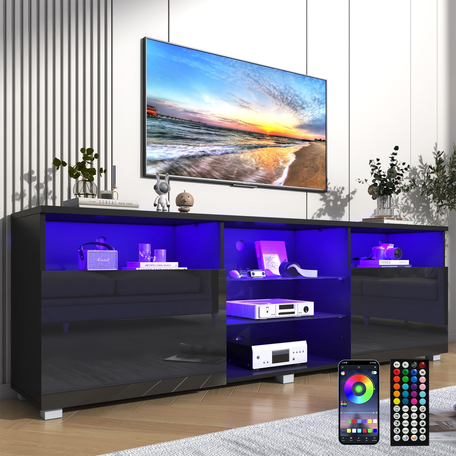 Vinctik 70 inch Modern LED TV Stand for 75/80 inch TVs - High Glossy Entertainment Center with Storage Drawers, APP-Controlled RGB Lighting - Smart TV Cabinet for Living Room (71in Black) - Perfect for Home Theater & Gaming Setup