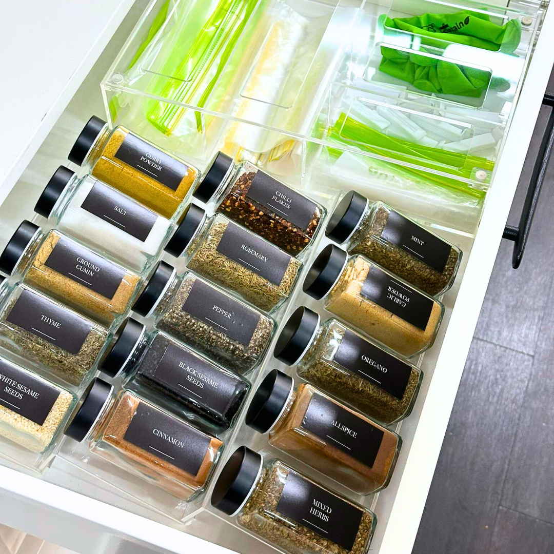 Premium Acrylic Spice Jar Shaker Set with Herb & Spice Drawer Organizer - Perfect for Kitchen Storage, Pantry Organization & Cooking Essentials
