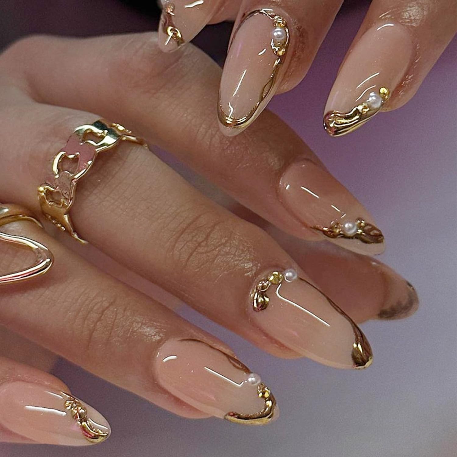 24Pcs French Tip Press on Nails - Medium Almond Fake Nails with 3D Pearls & Rhinestones, Gold French Line Full Cover Acrylic False Nails for Women - Perfect for Parties, Weddings, and Everyday Nail Decoration