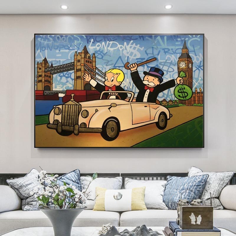 Alec Monopoly Richie Rich Money Canvas Wall Art - Pop Art Home Decor for Living Room, Bedroom & Office - Unique Gift for Art Lovers