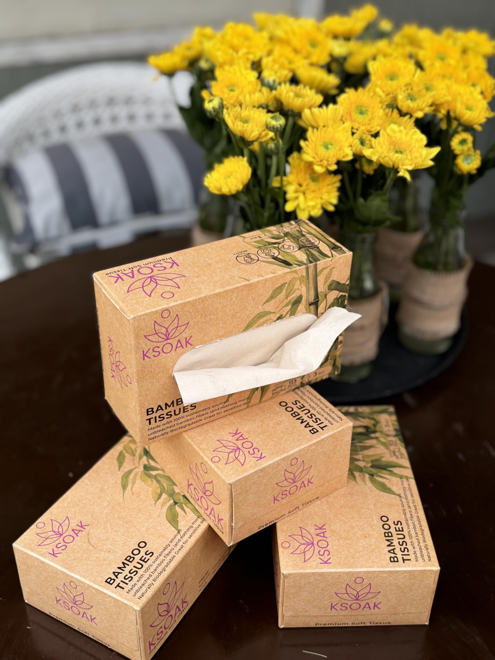 KSOAK 3-PLY Unbleached Bamboo Facial Tissues (Pack of 3 Boxes, 113 Sheets Each) | 100% Natural, Eco-Friendly & Hypoallergenic | Soft for Daily Use, Travel & Office
