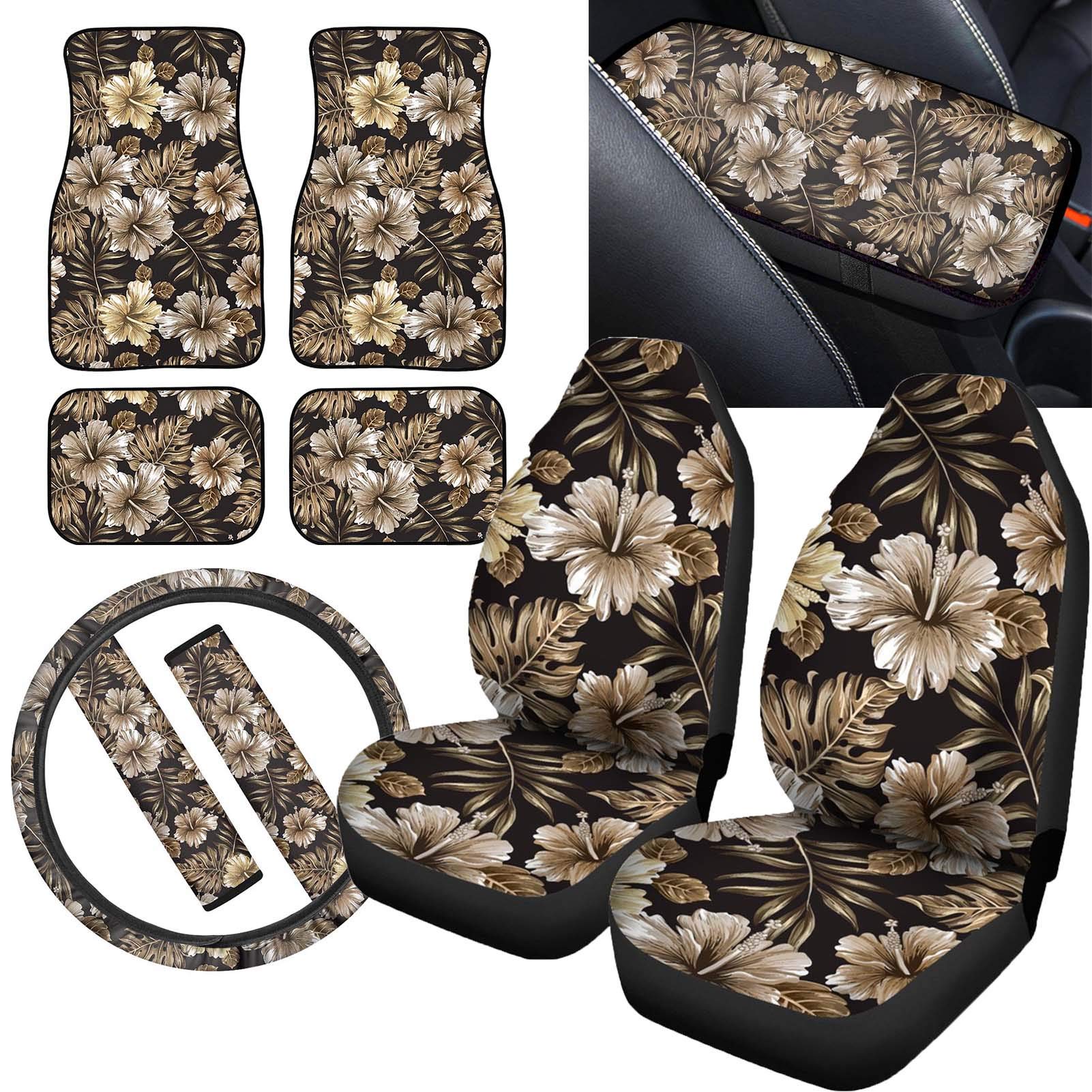 ELEQIN 10-Piece Brown Hibiscus Car Accessories Set - Non-Slip Seat Covers, Floor Mats, Steering Wheel Wrap, Armrest Cushion & Seat Belt Pads | Premium Interior Decor for Sedans, SUVs & Trucks