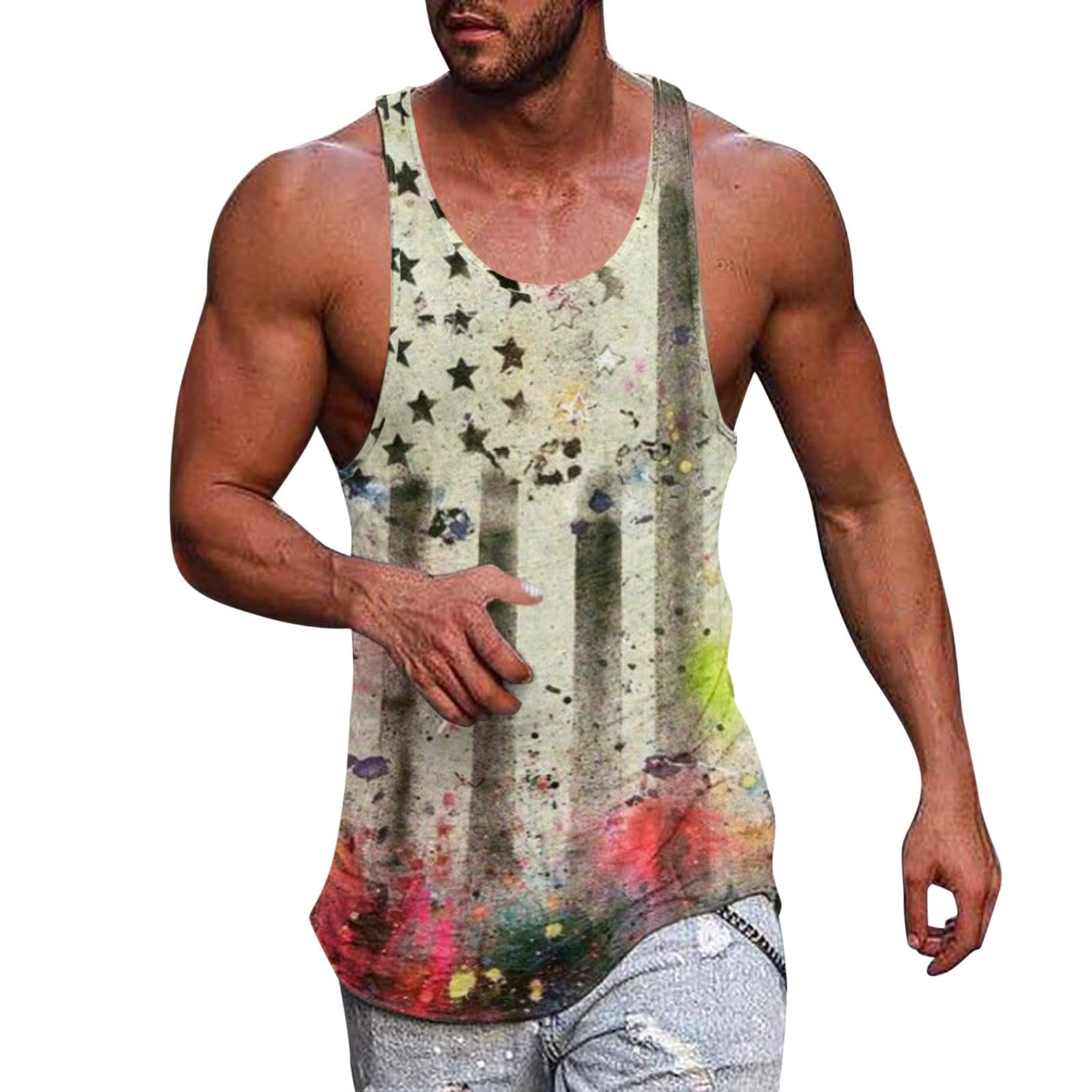 Men's Graphic Workout Tank Top - Breathable Running Shirt for Summer & Independence Day - Large Size - Perfect for Gym, Jogging & Outdoor Activities