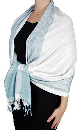 Exclusive Reversible Pashmina Wrap Shawl - White & Teal Peach Floral Border Design | Lightweight Fashion Scarf for Women | Perfect for Parties, Weddings & Evening Outfits
