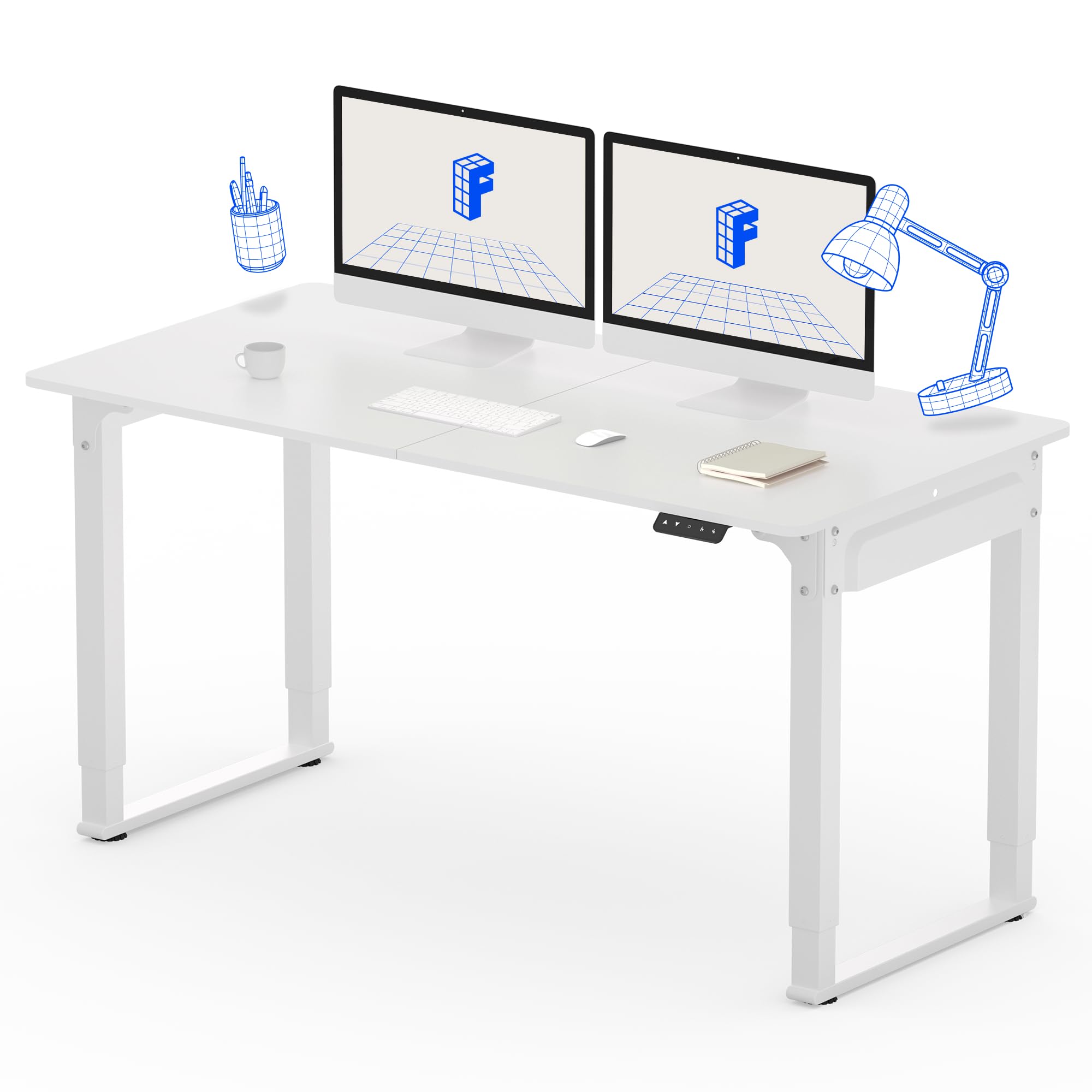FLEXISPOT E6Q 55 x 28 Inch Adjustable Height Standing Desk with 4 Legs & Splice Board - White Top & Frame - Ergonomic Home Office Sit Stand Desk for Work from Home & Gaming Setup