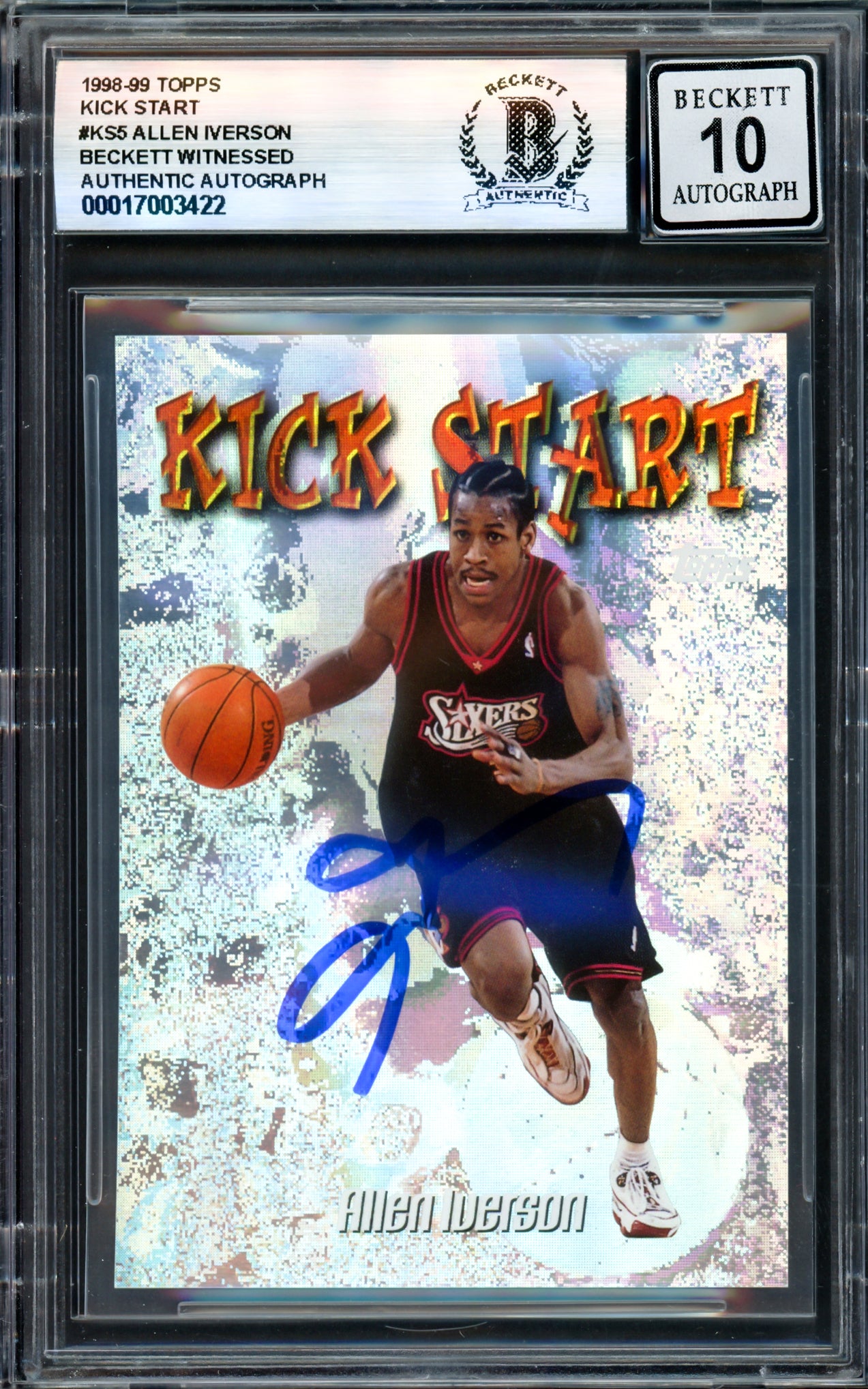 Allen Iverson Autographed 1998-99 Topps Kick Start #KS5 Basketball Card - Philadelphia 76ers - Beckett BAS Gem Mint 10 Grade - Witness #17003422 - Perfect for NBA Memorabilia Collections & Sports Fan Gifts
