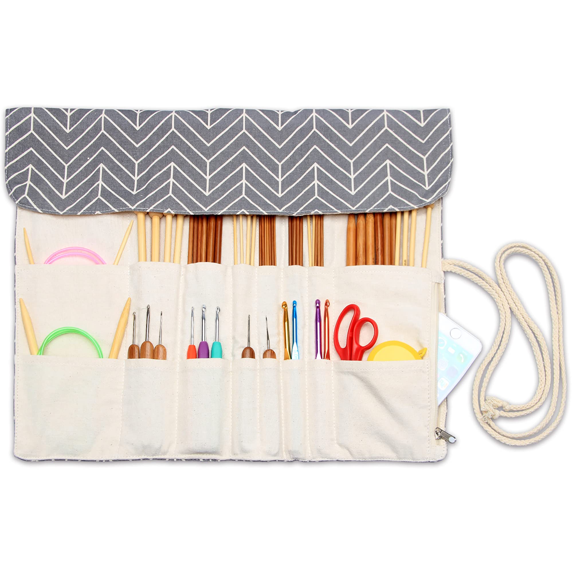Teamoy Knitting Needles Holder Case (14 Inches) - Rolling Organizer for Straight & Circular Knitting Needles, Crochet Hooks & Accessories - Gray Storage Pouch for Knitting Projects at Home or Travel - No Accessories Included