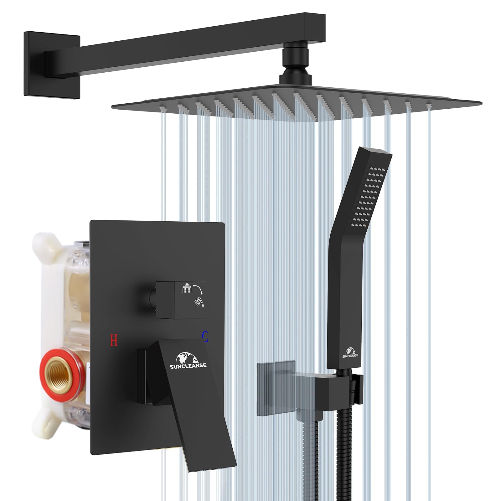 SunCleanse Matte Black 8 Inch Rainfall Shower System - Wall Mounted Rain Shower Head with Handheld Spray, Shower Valve & Trim Kit Included | Perfect for Modern Bathroom Renovations & Spa-Like Shower Experience