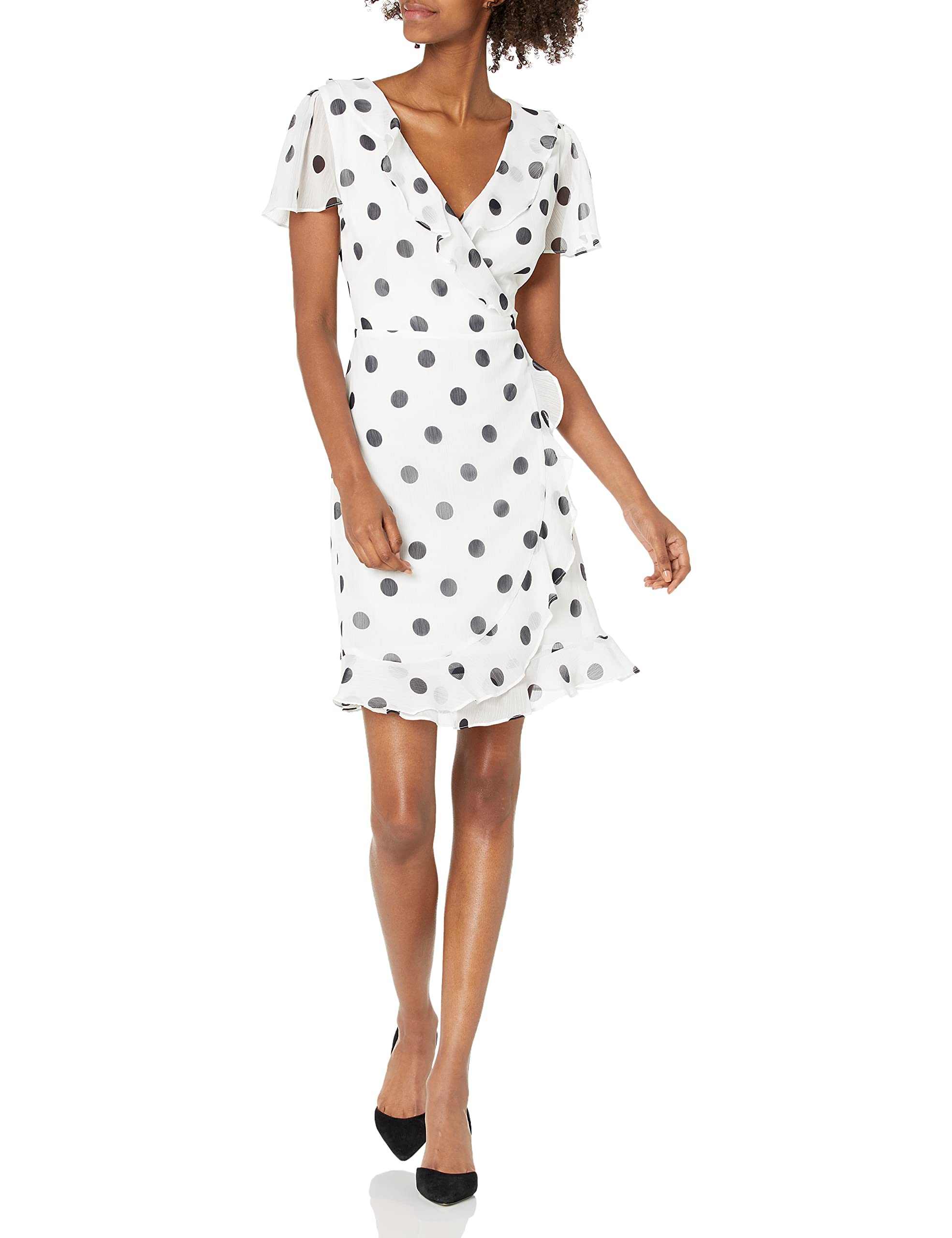 Karl Lagerfeld Women's Faux Wrap Ruffle Chiffon Dress - Elegant Flowy Midi Dress for Parties, Weddings & Special Occasions