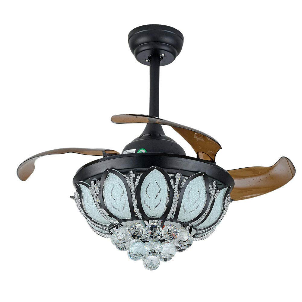 DNYSYSJ Dimmable Crystal Ceiling Fan with Lights & Remote Control, Retractable Chandelier Fan, LED Ceiling Light for Bedroom, Living Room, Dining Room - Perfect for Home Cooling and Stylish Lighting