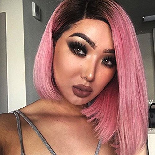 Dreambeauty Short Bob Human Hair Wigs - T1B/Pink Ombre Silky Straight Lace Front Wig | Brazilian Virgin Hair Full Lace Wig with Baby Hair & Pre-Plucked Hairline | 16 Inch Natural Looking Wig for Women - Perfect for Daily Wear, Cosplay & Special Occasions