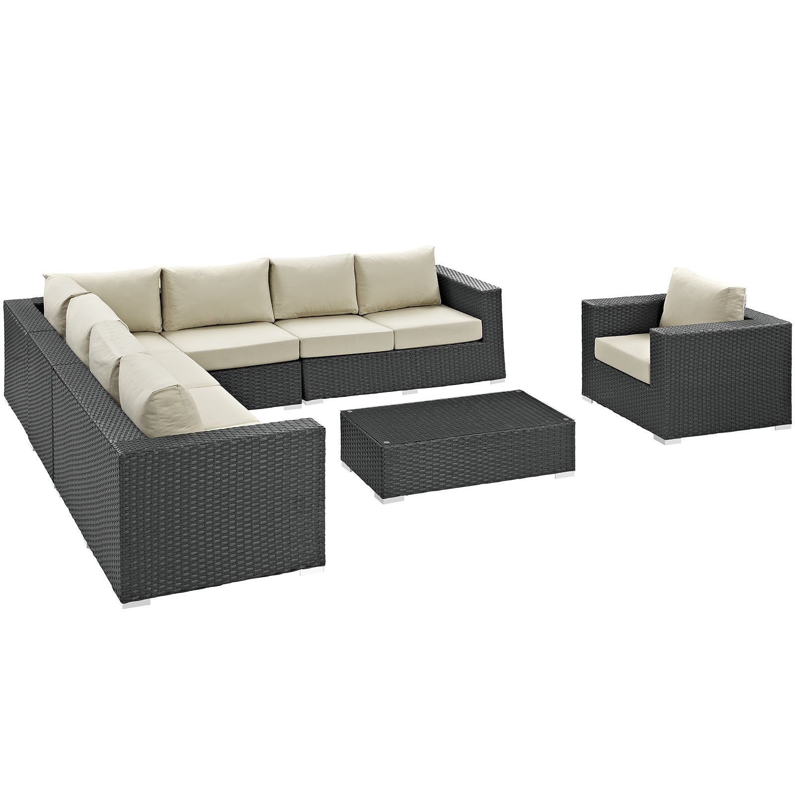 Modway Sojourn 7-Piece Outdoor Patio Sectional Set - Wicker Rattan Furniture with Sunbrella Cushions in Chocolate Beige - Perfect for Backyard, Poolside & Garden Relaxation