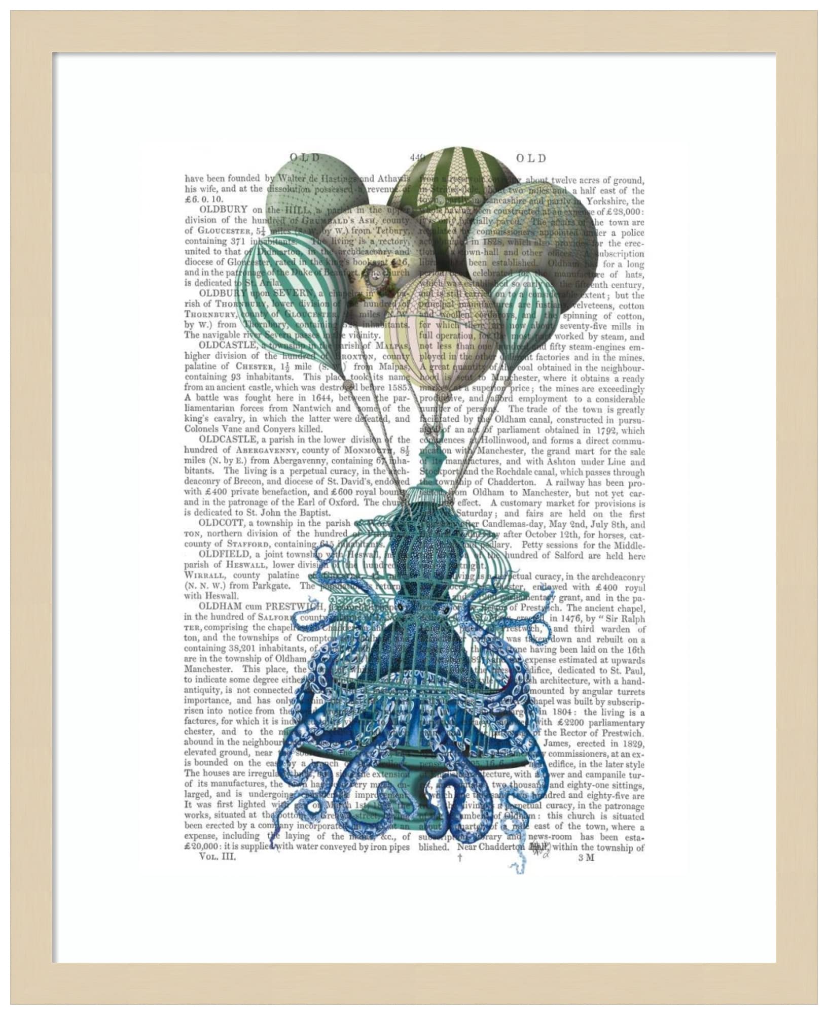 Amanti Art Wood Framed Wall Decor - Octopus Cage & Balloons Print by Fab Funky, 17x21 Inches, Svelte Natural Frame - Perfect for Living Room, Bedroom or Office Decor (Model# 6267883)