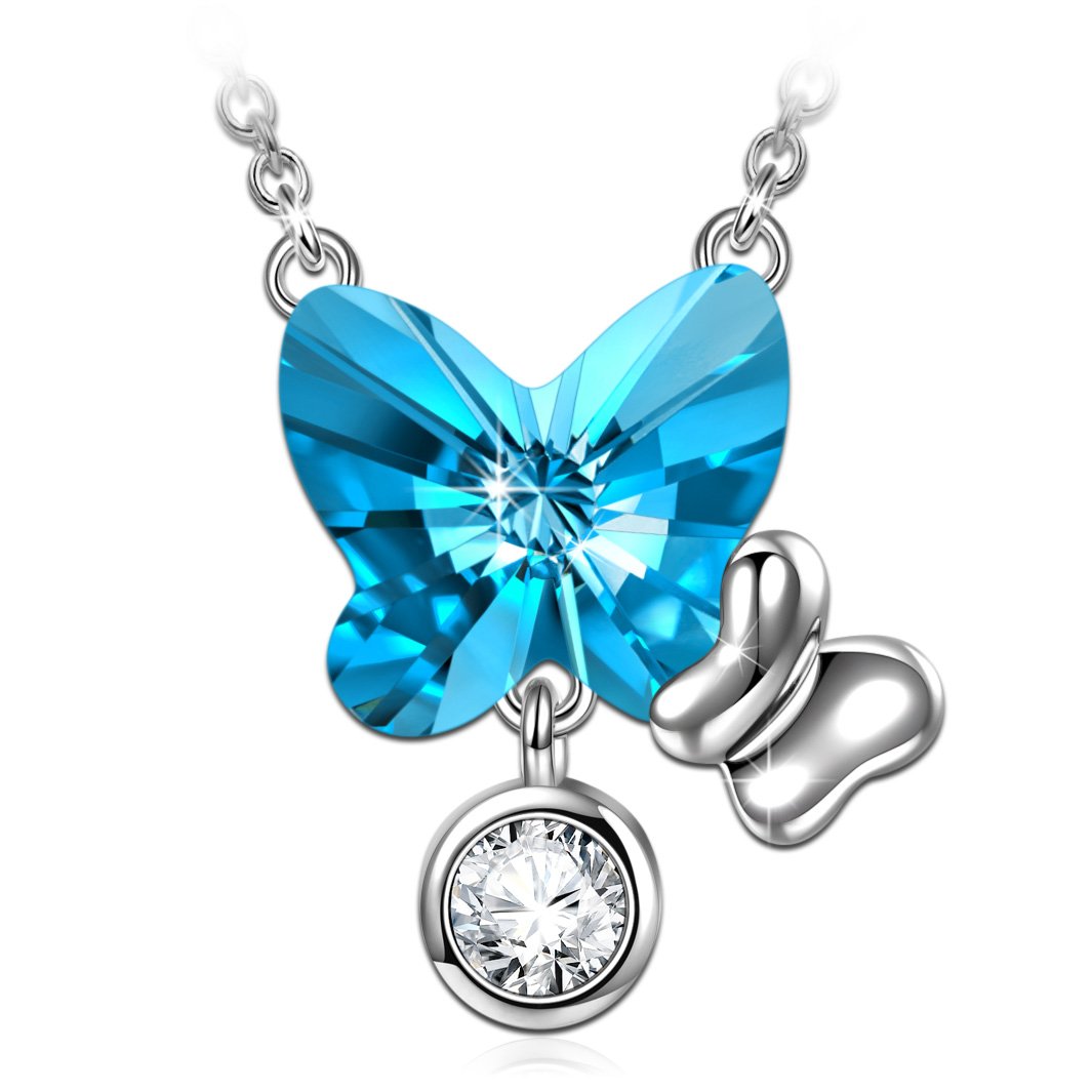 ANGEL NINA 925 Sterling Silver Stud Earrings & Necklace Set with Aquamarine Crystals - March Birthstone Jewelry for Women, Valentine's Day Gifts for Girlfriend, Birthday Present with Gift Box - Perfect for Anniversaries, Prom, and Special Occasions